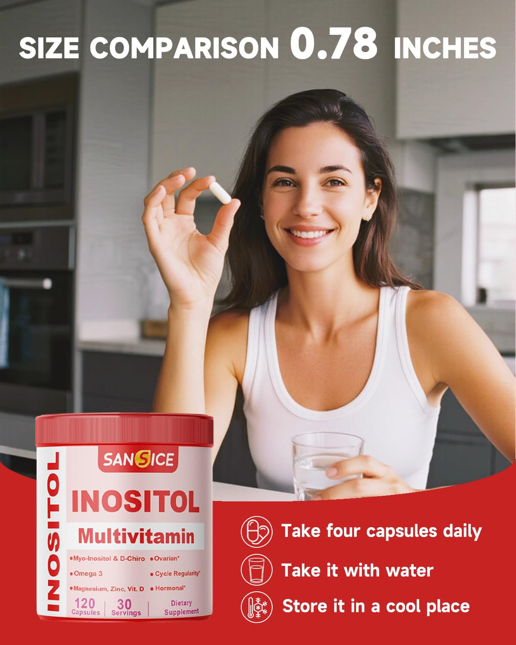 SANSICE Myo & D-Chiro Inositol Multivitamin Capsules, 2000mg Myo-Inositol & 50mg D-Chiro Inositol 40:1 Blend, Vitamin B8 Supplement for Female Hormone (120 Capsules) - TrustMedUSA