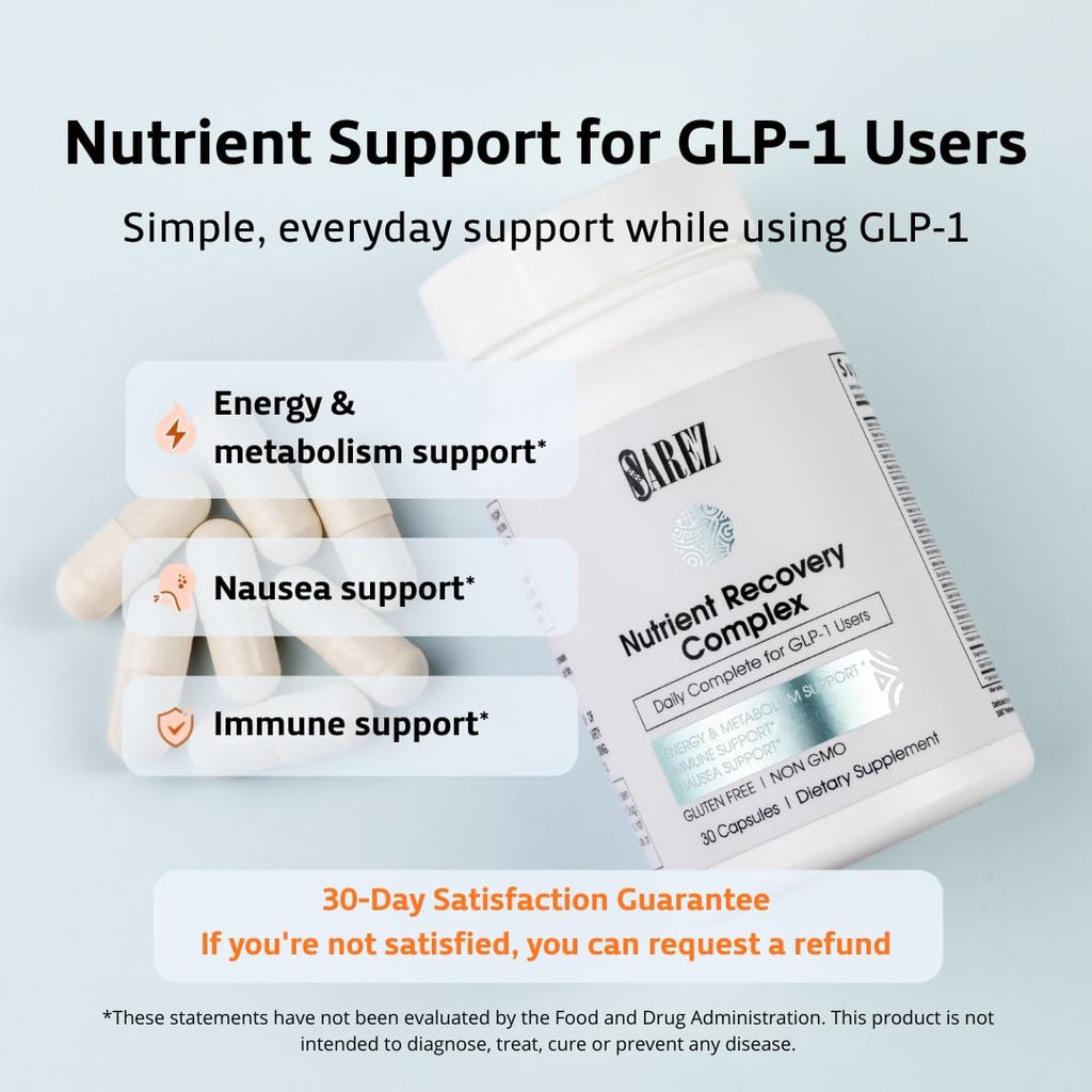 Sarez GLP-1 Support Capsules — Methylated Vitamins & Chelated Minerals — Energy, Metabolism, Hair & Daily Nutrient Support — with Ginger for Nausea — Gentle on Stomach — 30 Day Supply - TrustMedUSA