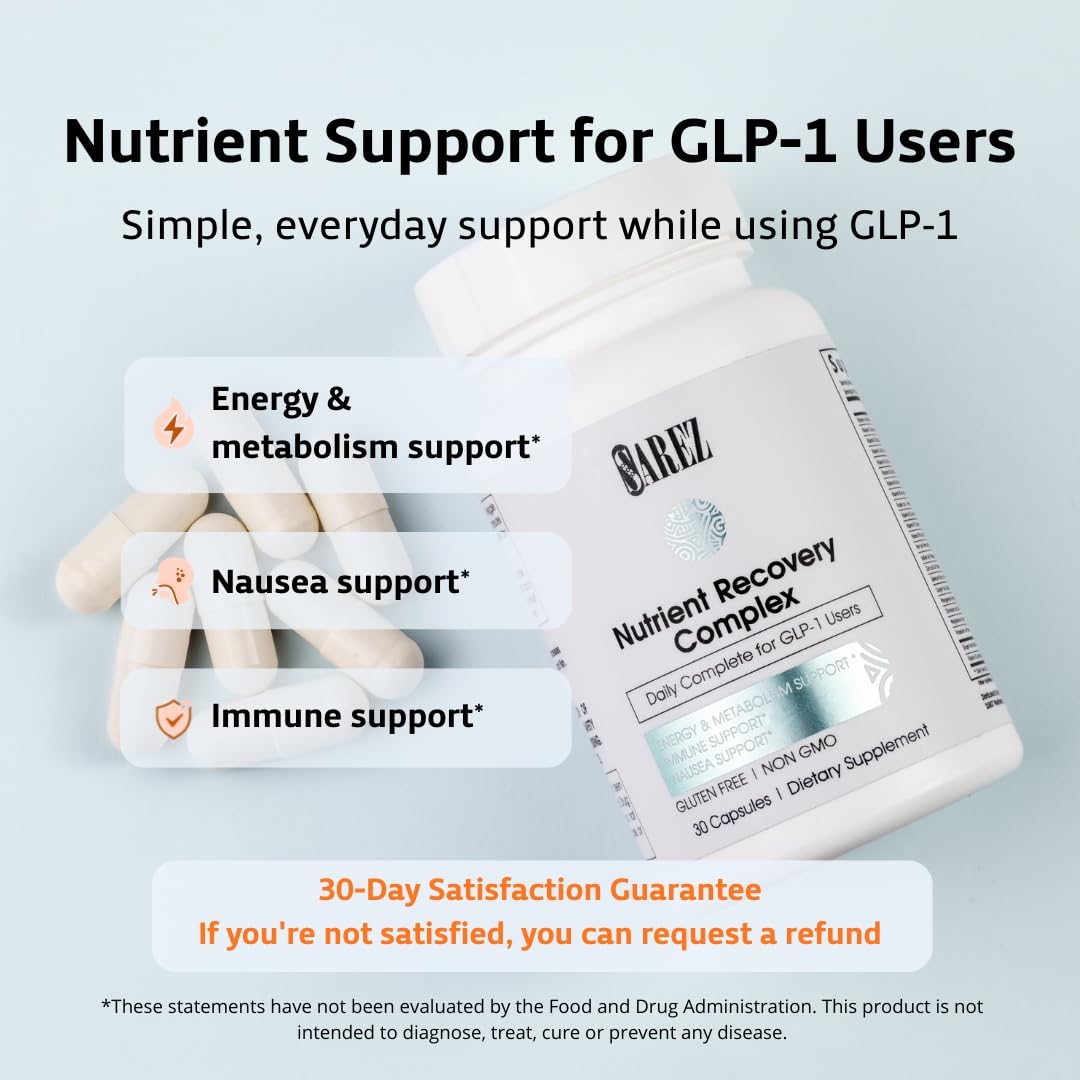 Sarez GLP-1 Support Capsules — Methylated Vitamins & Chelated Minerals — Energy, Metabolism, Hair & Daily Nutrient Support — with Ginger for Nausea — Gentle on Stomach — 30 Day Supply - TrustMedUSA