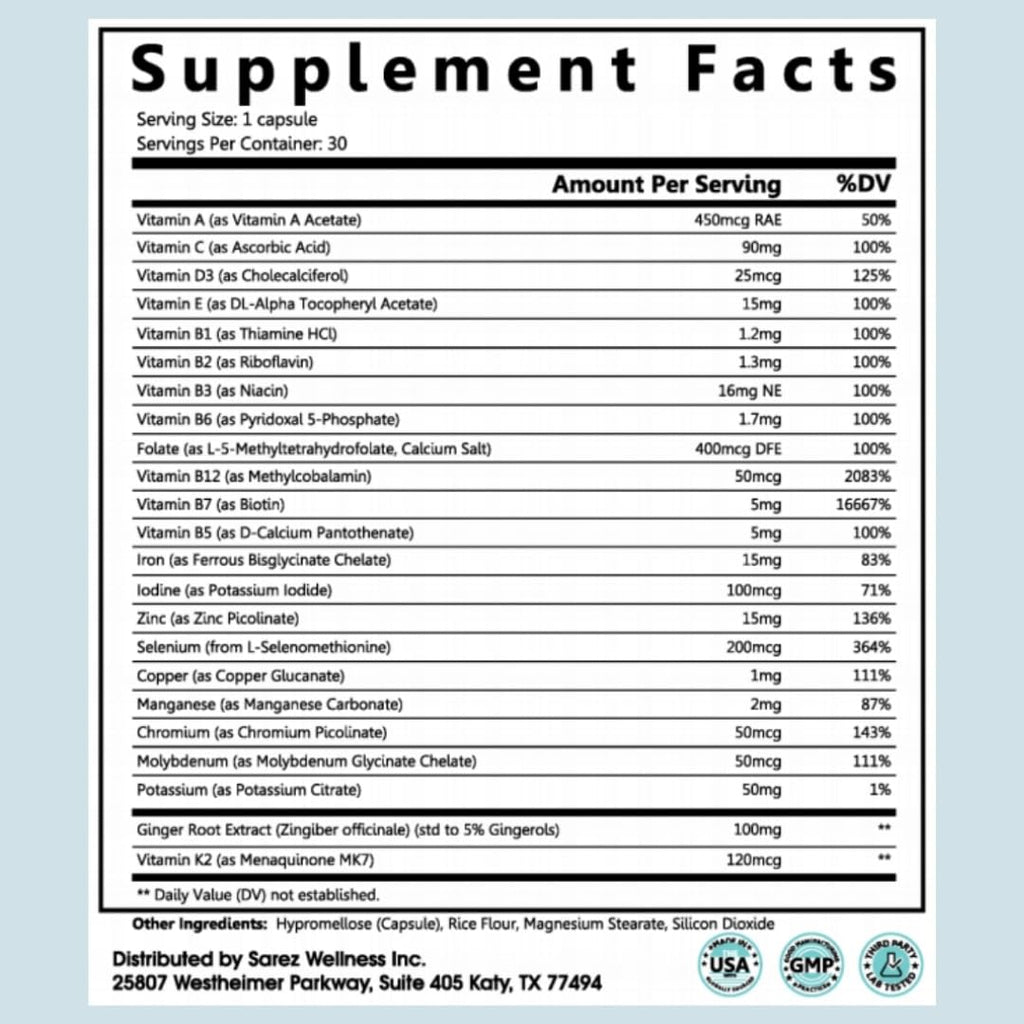 Sarez GLP-1 Support Capsules — Methylated Vitamins & Chelated Minerals — Energy, Metabolism, Hair & Daily Nutrient Support — with Ginger for Nausea — Gentle on Stomach — 30 Day Supply - TrustMedUSA