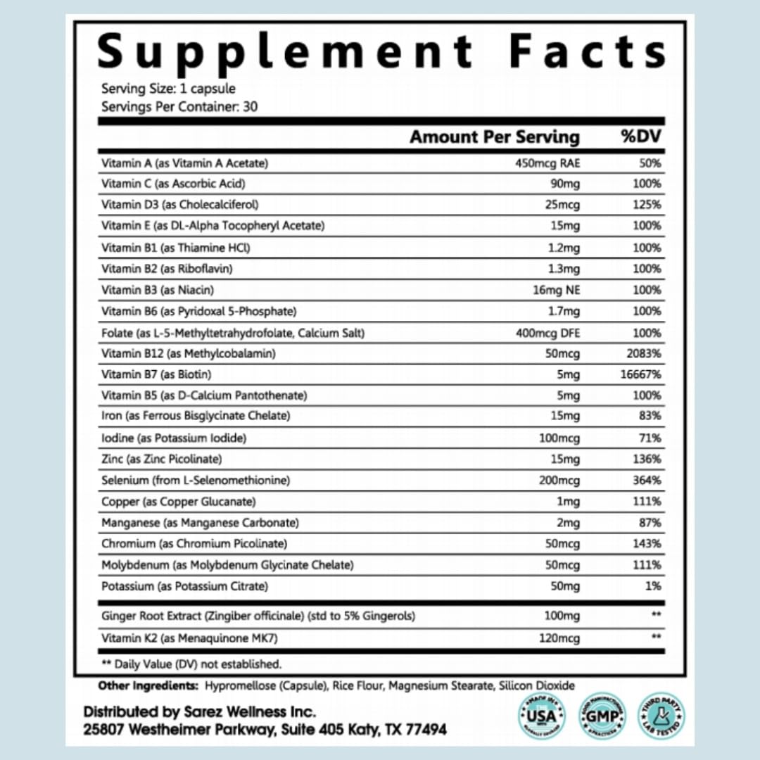 Sarez GLP-1 Support Capsules — Methylated Vitamins & Chelated Minerals — Energy, Metabolism, Hair & Daily Nutrient Support — with Ginger for Nausea — Gentle on Stomach — 30 Day Supply - TrustMedUSA