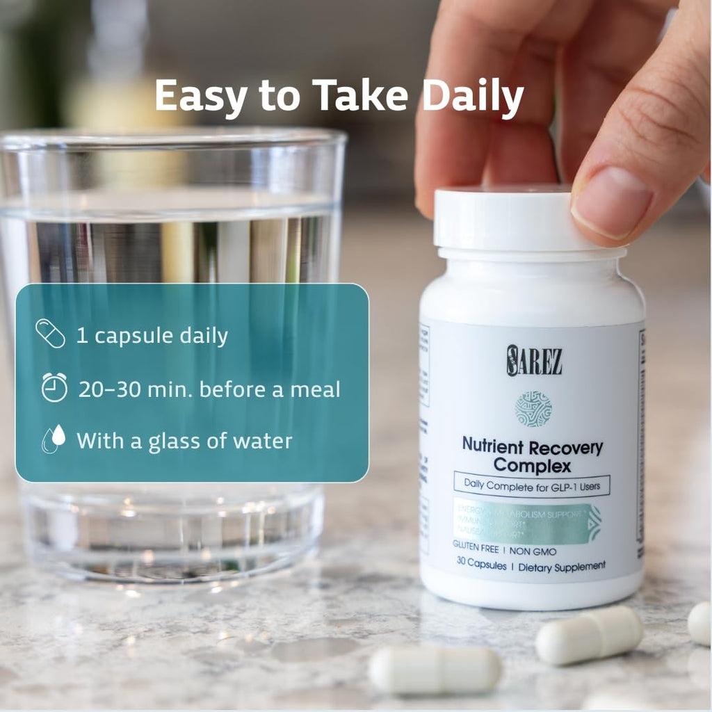 Sarez GLP-1 Support Capsules — Methylated Vitamins & Chelated Minerals — Energy, Metabolism, Hair & Daily Nutrient Support — with Ginger for Nausea — Gentle on Stomach — 30 Day Supply - TrustMedUSA