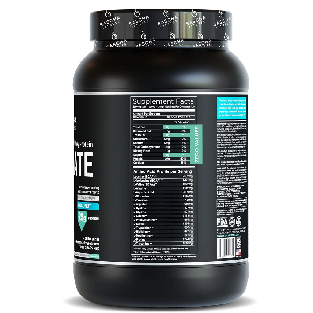 SASCHA FITNESS Hydrolyzed Whey Protein Isolate,100% Grass-Fed (2 Pounds, Coconut) - TrustMedUSA