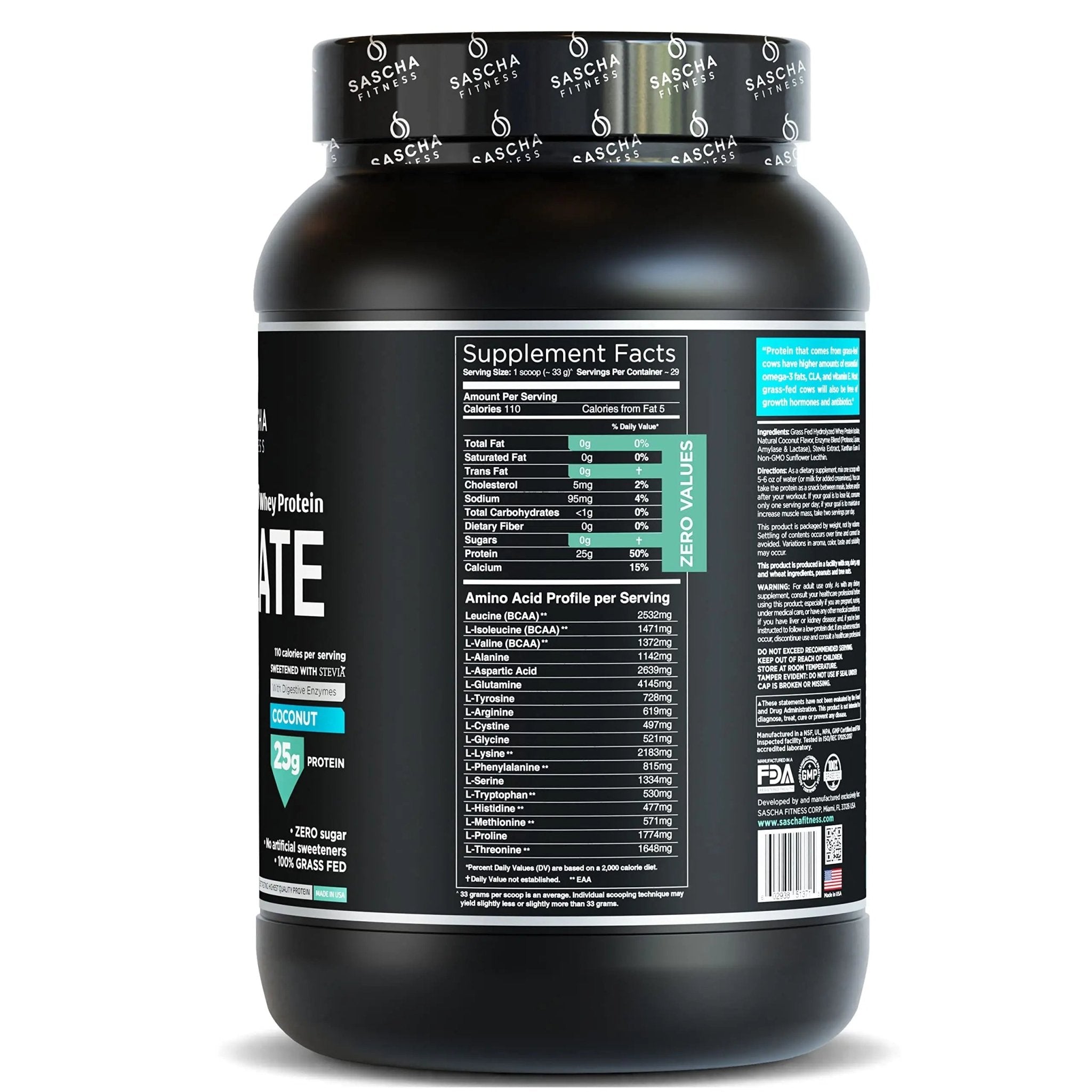 SASCHA FITNESS Hydrolyzed Whey Protein Isolate,100% Grass-Fed (2 Pounds, Coconut) - TrustMedUSA
