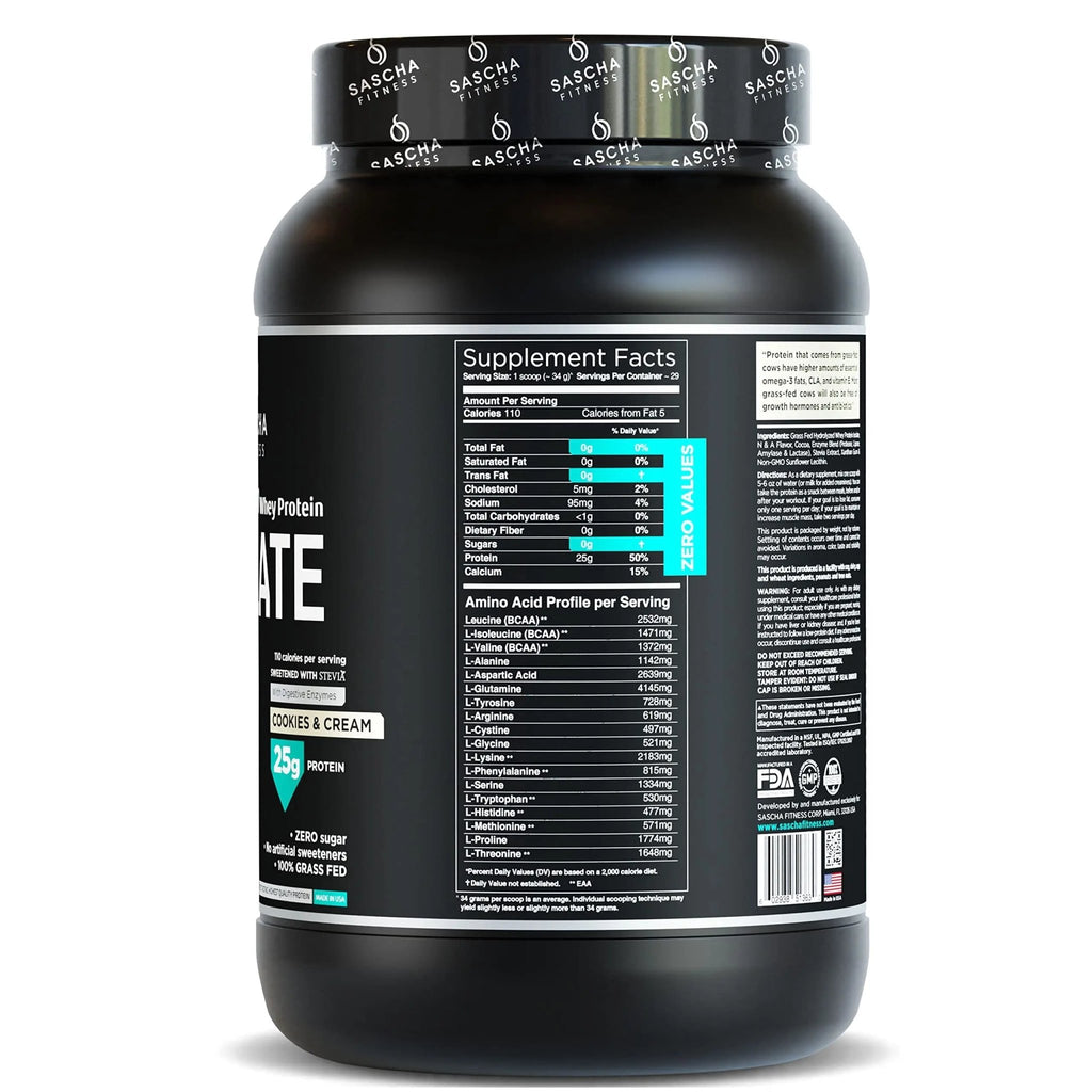 SASCHA FITNESS Hydrolyzed Whey Protein Isolate,100% Grass-Fed (2 Pounds, Cookies - TrustMedUSA