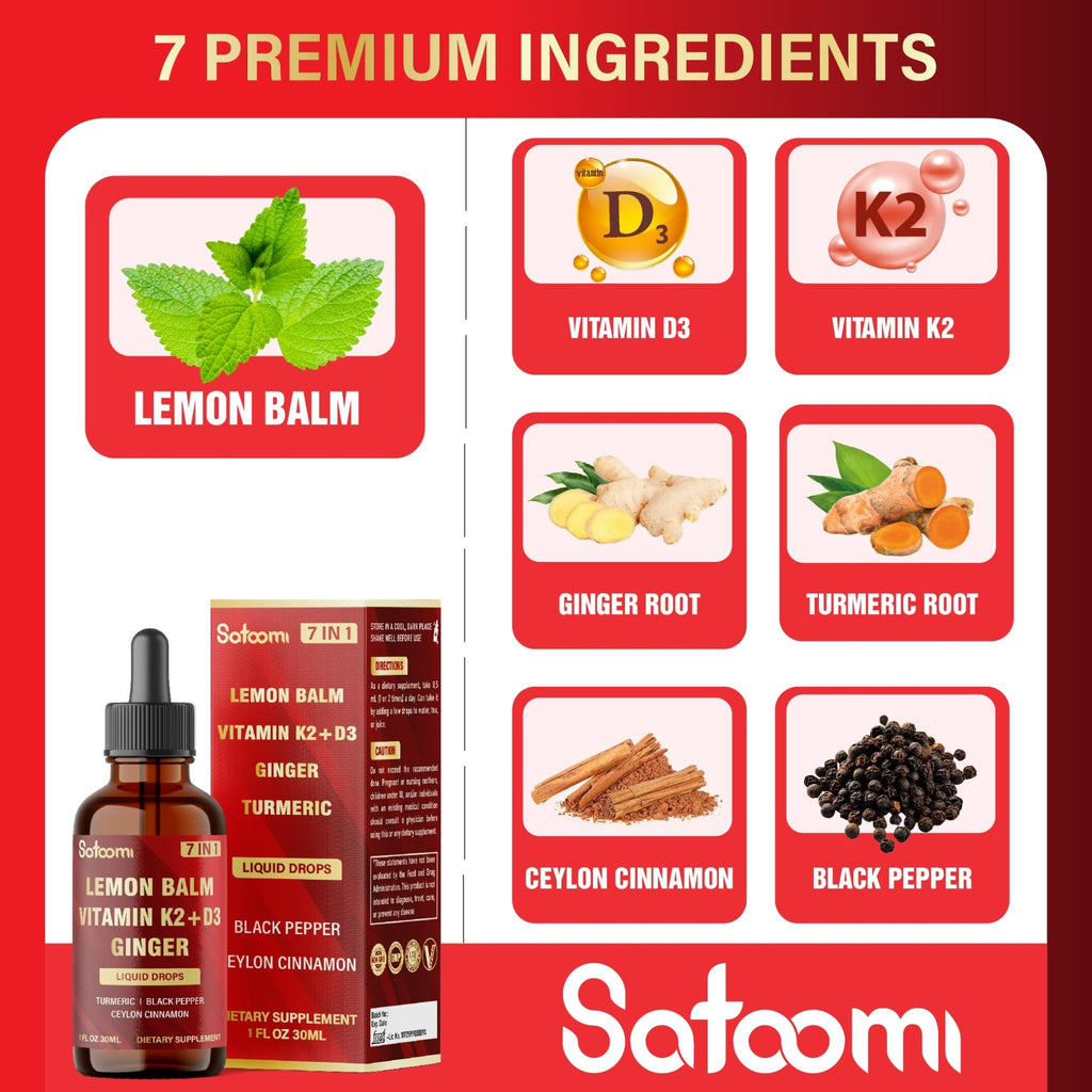 Satoomi 7in1 Lemon Balm Tincture with Vitamin D3, Vitamin K2, Ginger Root, Turmeric, Ceylon Cinnamon and Black Pepper - 1 FL Oz - 60 Day Supply - TrustMedUSA