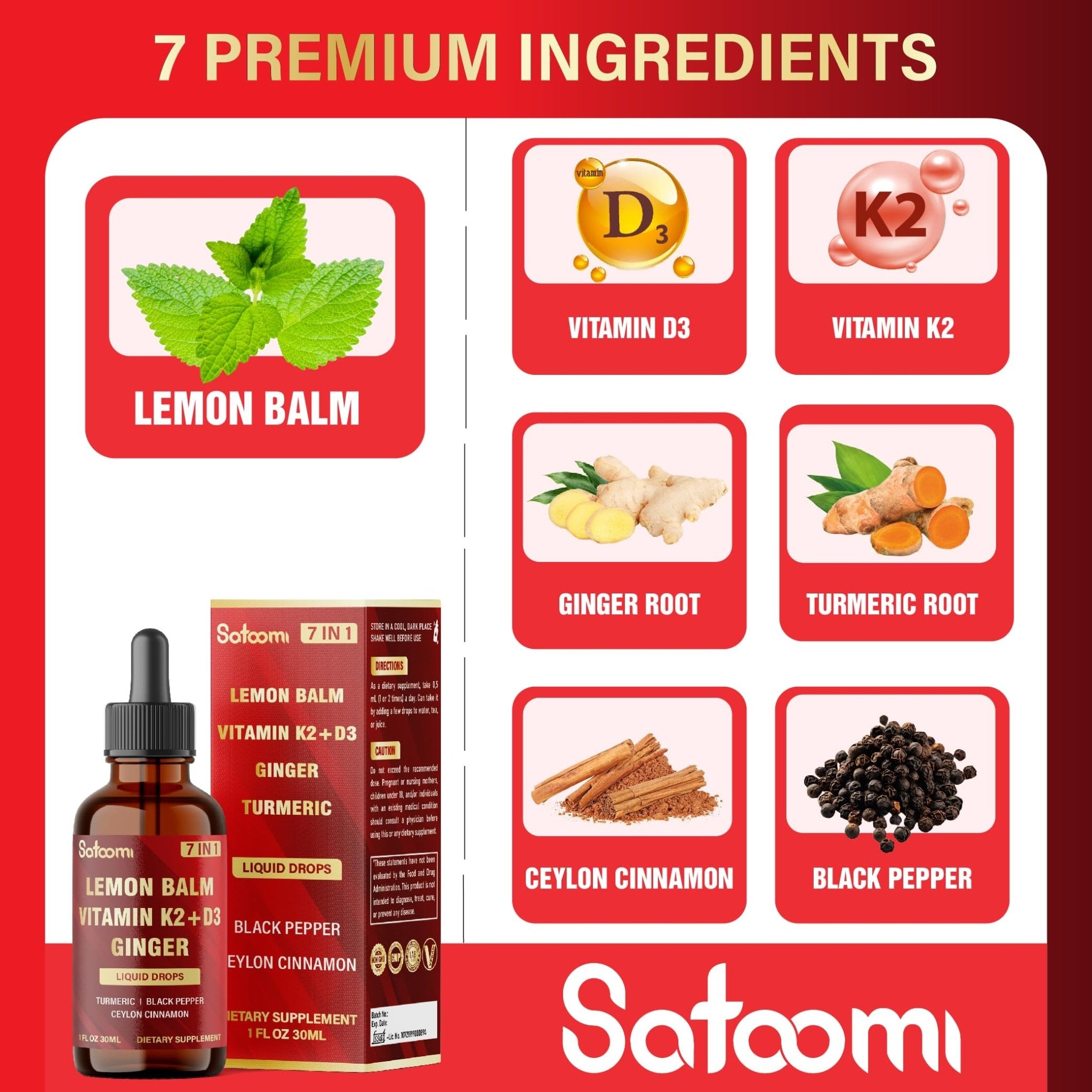 Satoomi 7in1 Lemon Balm Tincture with Vitamin D3, Vitamin K2, Ginger Root, Turmeric, Ceylon Cinnamon and Black Pepper - 1 FL Oz - 60 Day Supply - TrustMedUSA