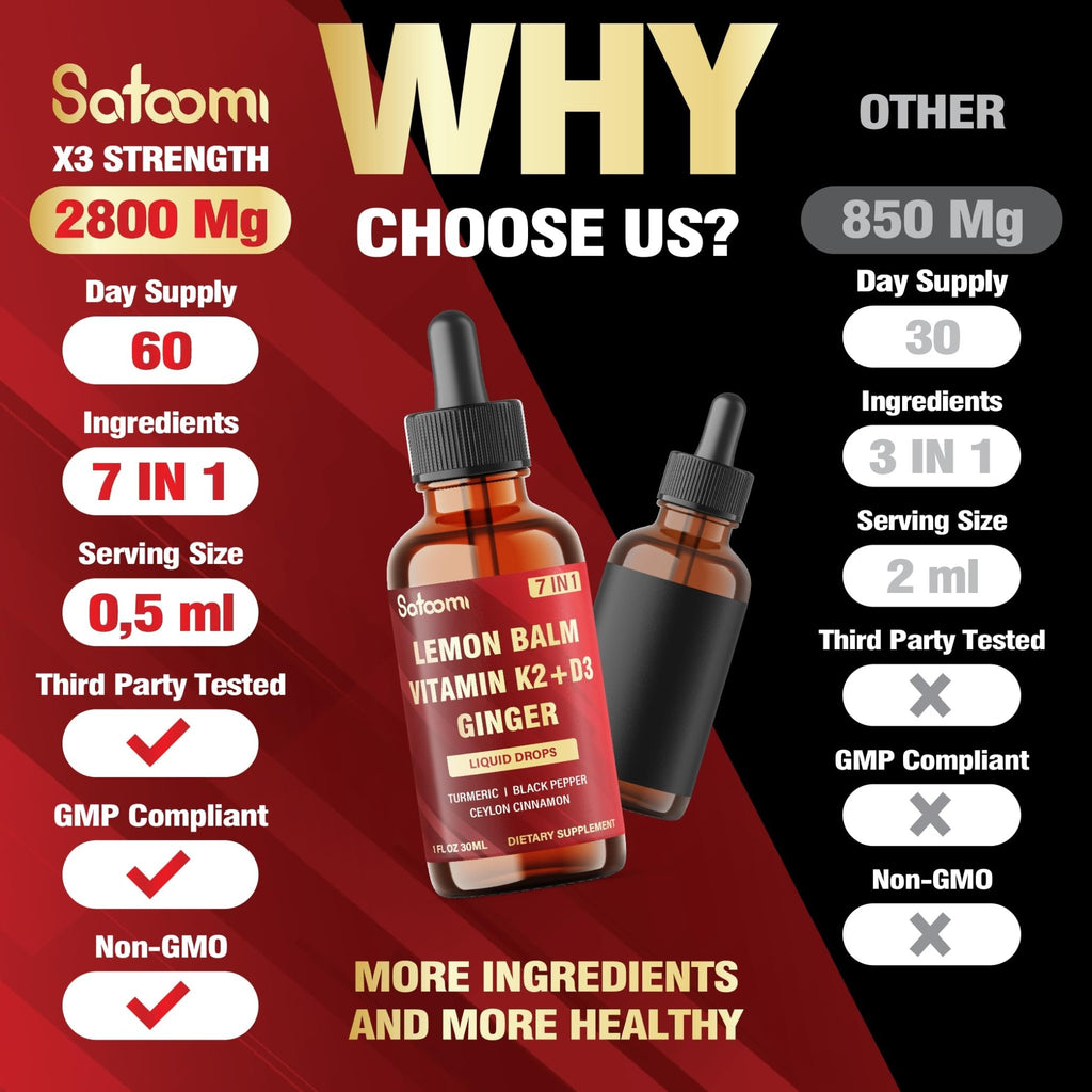 Satoomi 7in1 Lemon Balm Tincture with Vitamin D3, Vitamin K2, Ginger Root, Turmeric, Ceylon Cinnamon and Black Pepper - 1 FL Oz - 60 Day Supply - TrustMedUSA