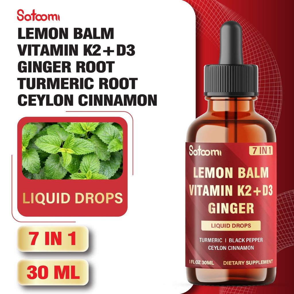 Satoomi 7in1 Lemon Balm Tincture with Vitamin D3, Vitamin K2, Ginger Root, Turmeric, Ceylon Cinnamon and Black Pepper - 1 FL Oz - 60 Day Supply - TrustMedUSA