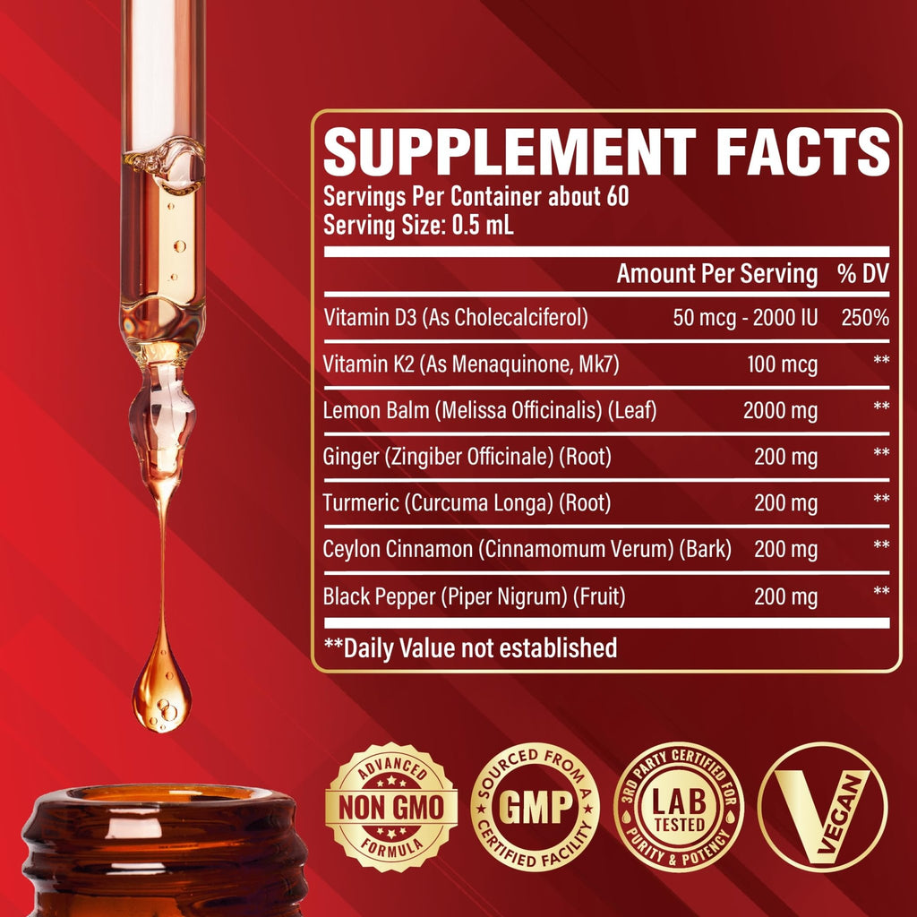 Satoomi 7in1 Lemon Balm Tincture with Vitamin D3, Vitamin K2, Ginger Root, Turmeric, Ceylon Cinnamon and Black Pepper - 1 FL Oz - 60 Day Supply - TrustMedUSA