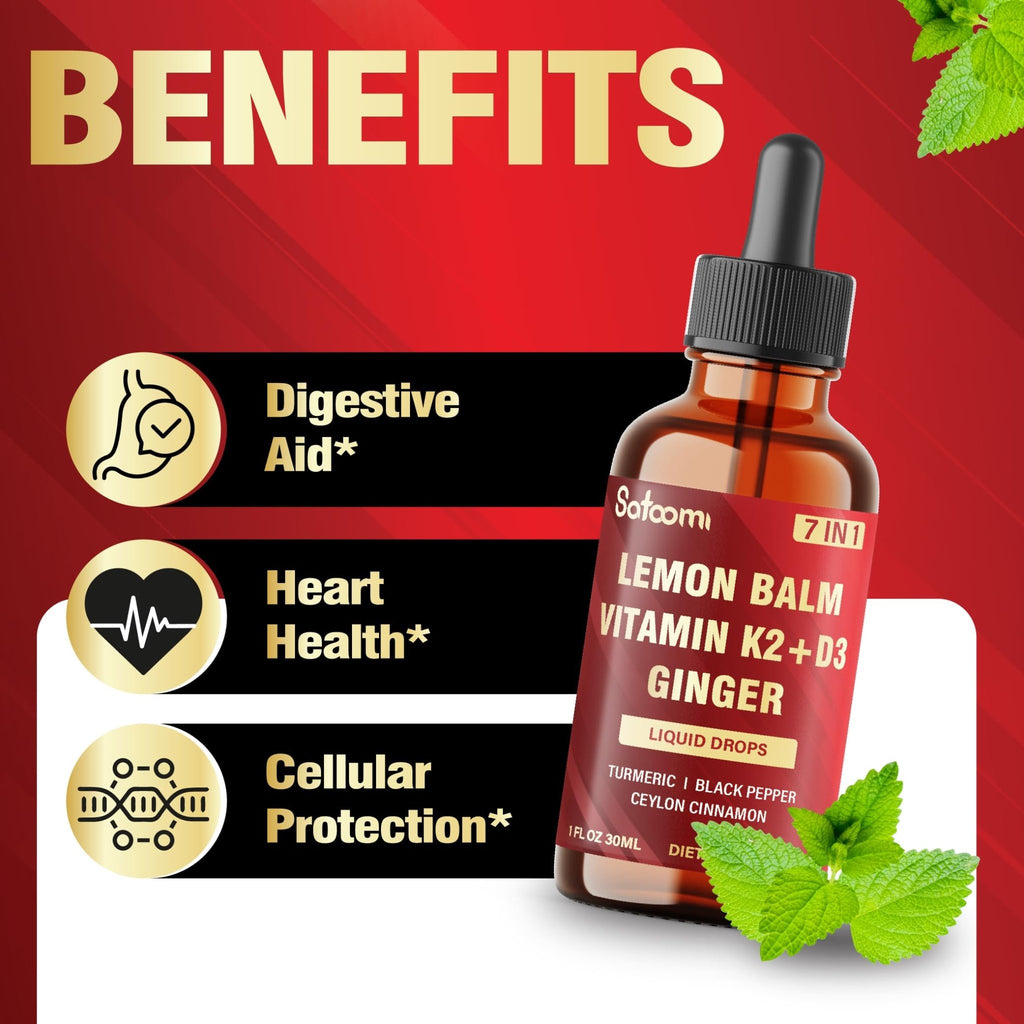 Satoomi 7in1 Lemon Balm Tincture with Vitamin D3, Vitamin K2, Ginger Root, Turmeric, Ceylon Cinnamon and Black Pepper - 1 FL Oz - 60 Day Supply - TrustMedUSA