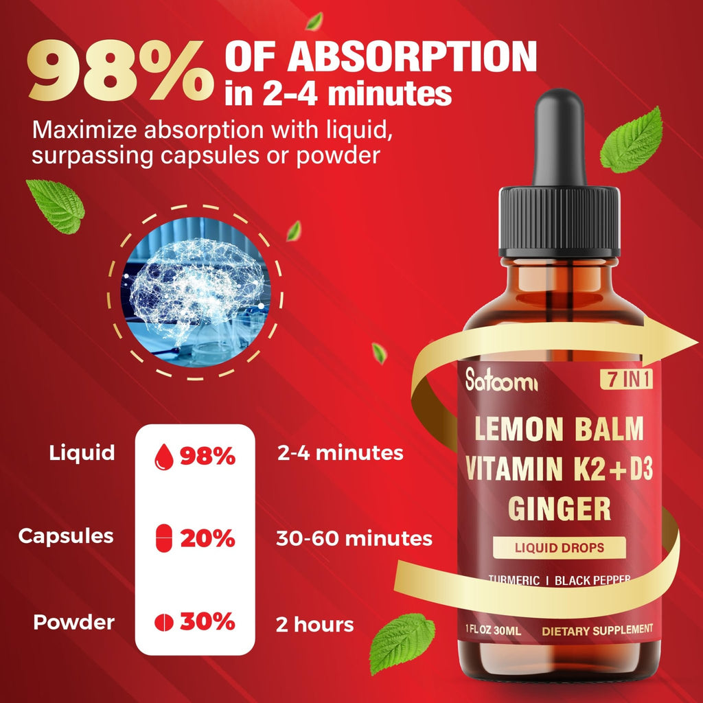 Satoomi 7in1 Lemon Balm Tincture with Vitamin D3, Vitamin K2, Ginger Root, Turmeric, Ceylon Cinnamon and Black Pepper - 1 FL Oz - 60 Day Supply - TrustMedUSA