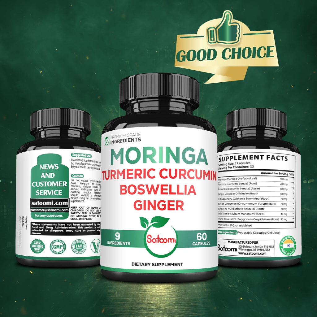 Satoomi 9in1 Moringa Capsules - Featuring Moringa, Turmeric, Boswellia, Ginger, Ashwagandha, Ceylon Cinnamon and Milk Thistle, and Resveratrol | Support Mood, Heart & Overall Health - 60 Count - TrustMedUSA