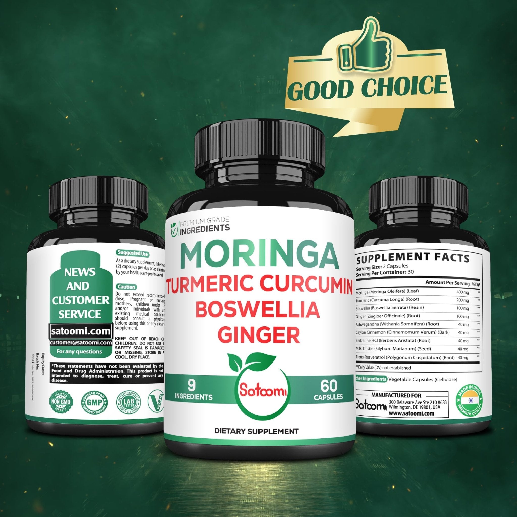 Satoomi 9in1 Moringa Capsules - Featuring Moringa, Turmeric, Boswellia, Ginger, Ashwagandha, Ceylon Cinnamon and Milk Thistle, and Resveratrol | Support Mood, Heart & Overall Health - 60 Count - TrustMedUSA