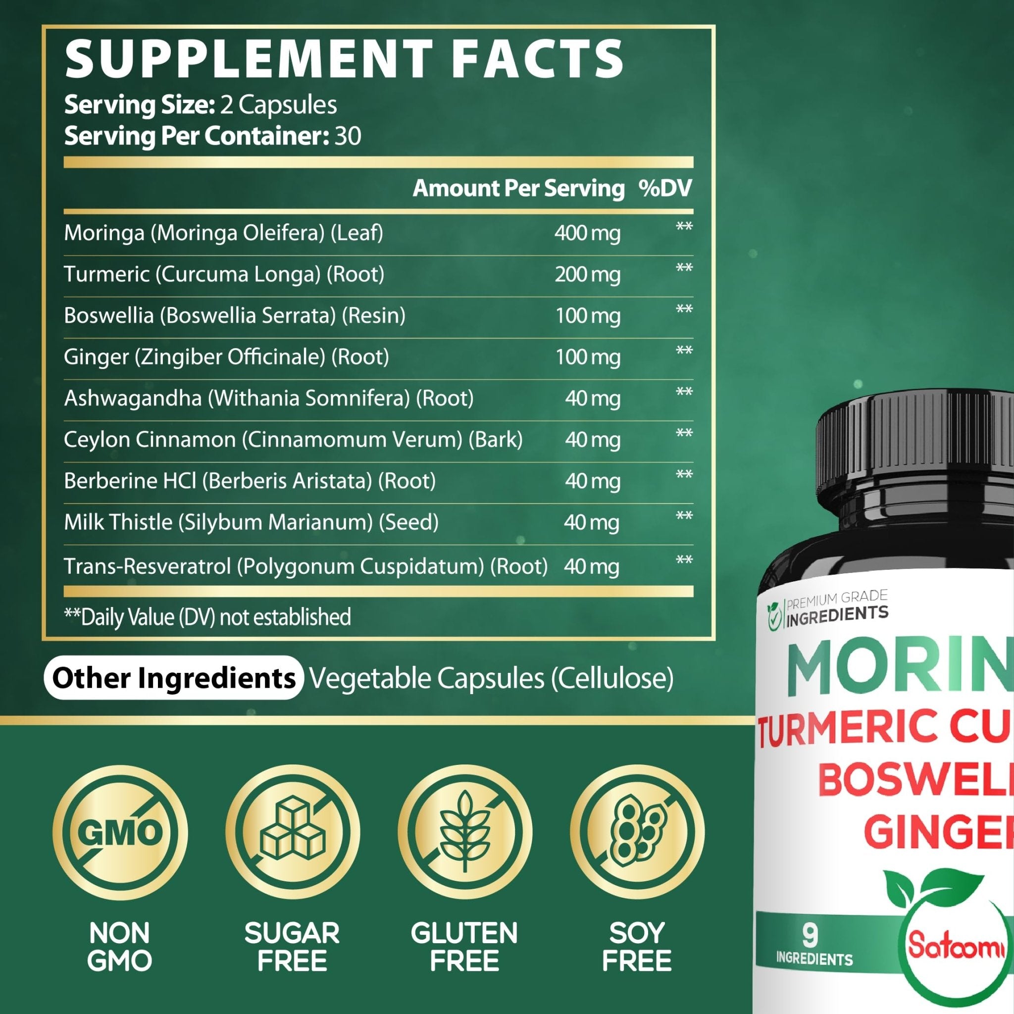 Satoomi 9in1 Moringa Capsules - Featuring Moringa, Turmeric, Boswellia, Ginger, Ashwagandha, Ceylon Cinnamon and Milk Thistle, and Resveratrol | Support Mood, Heart & Overall Health - 60 Count - TrustMedUSA