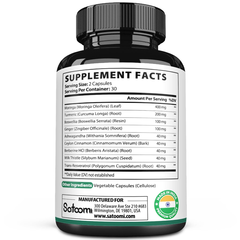 Satoomi 9in1 Moringa Capsules - Featuring Moringa, Turmeric, Boswellia, Ginger, Ashwagandha, Ceylon Cinnamon and Milk Thistle, and Resveratrol | Support Mood, Heart & Overall Health - 60 Count - TrustMedUSA