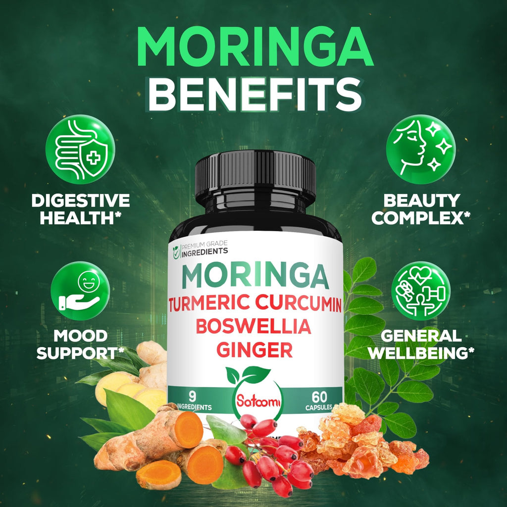 Satoomi 9in1 Moringa Capsules - Featuring Moringa, Turmeric, Boswellia, Ginger, Ashwagandha, Ceylon Cinnamon and Milk Thistle, and Resveratrol | Support Mood, Heart & Overall Health - 60 Count - TrustMedUSA