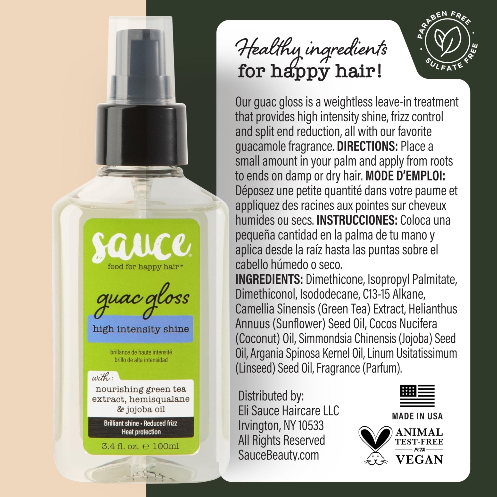 SAUCE BEAUTY Guac Hair Gloss, 3 Fl Oz High Intensity Shine, Jojoba Oil, Green Tea Extract & Squalane to Smooth, Boost Shine & Control Frizz for Sleeker, Softer, More Manageable Hair, Vegan Formula - TrustMedUSA