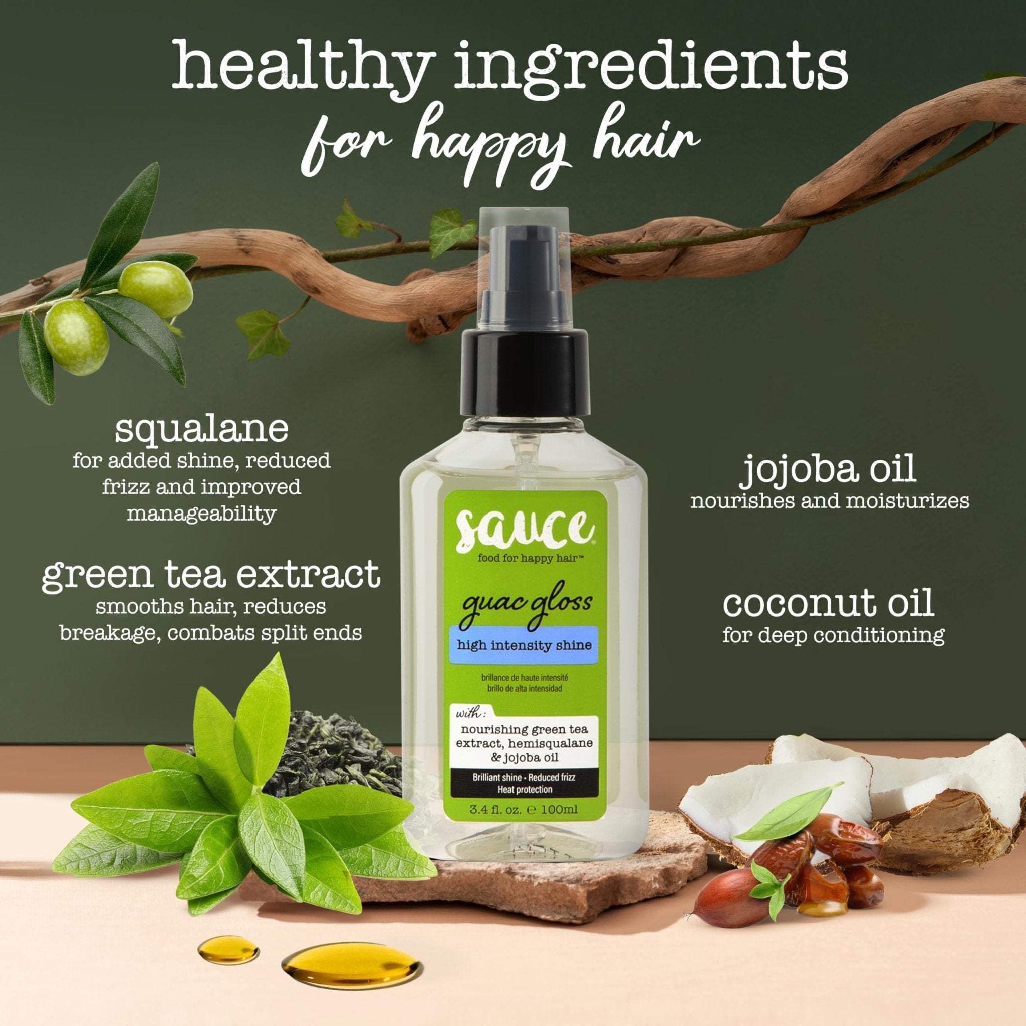 SAUCE BEAUTY Guac Hair Gloss, 3 Fl Oz High Intensity Shine, Jojoba Oil, Green Tea Extract & Squalane to Smooth, Boost Shine & Control Frizz for Sleeker, Softer, More Manageable Hair, Vegan Formula - TrustMedUSA