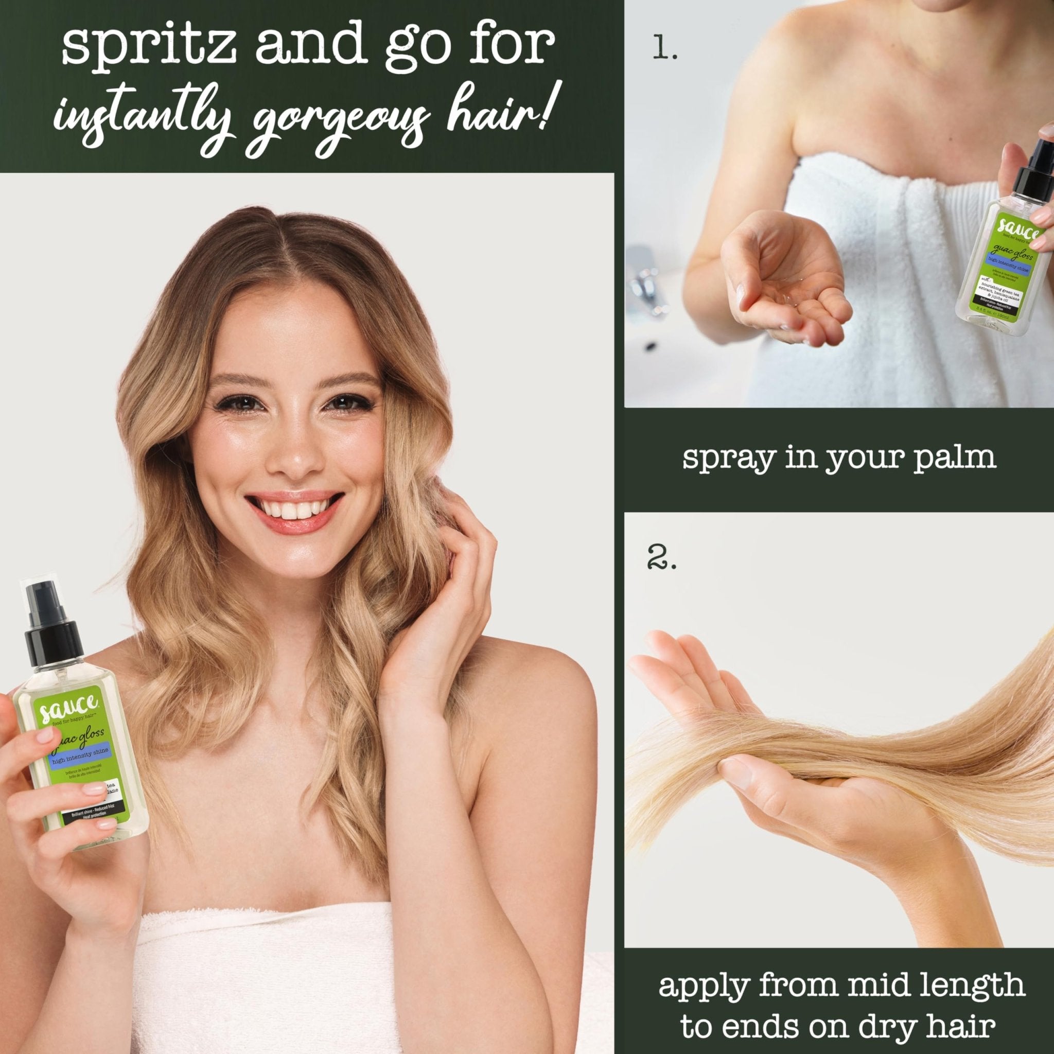 SAUCE BEAUTY Guac Hair Gloss, 3 Fl Oz High Intensity Shine, Jojoba Oil, Green Tea Extract & Squalane to Smooth, Boost Shine & Control Frizz for Sleeker, Softer, More Manageable Hair, Vegan Formula - TrustMedUSA