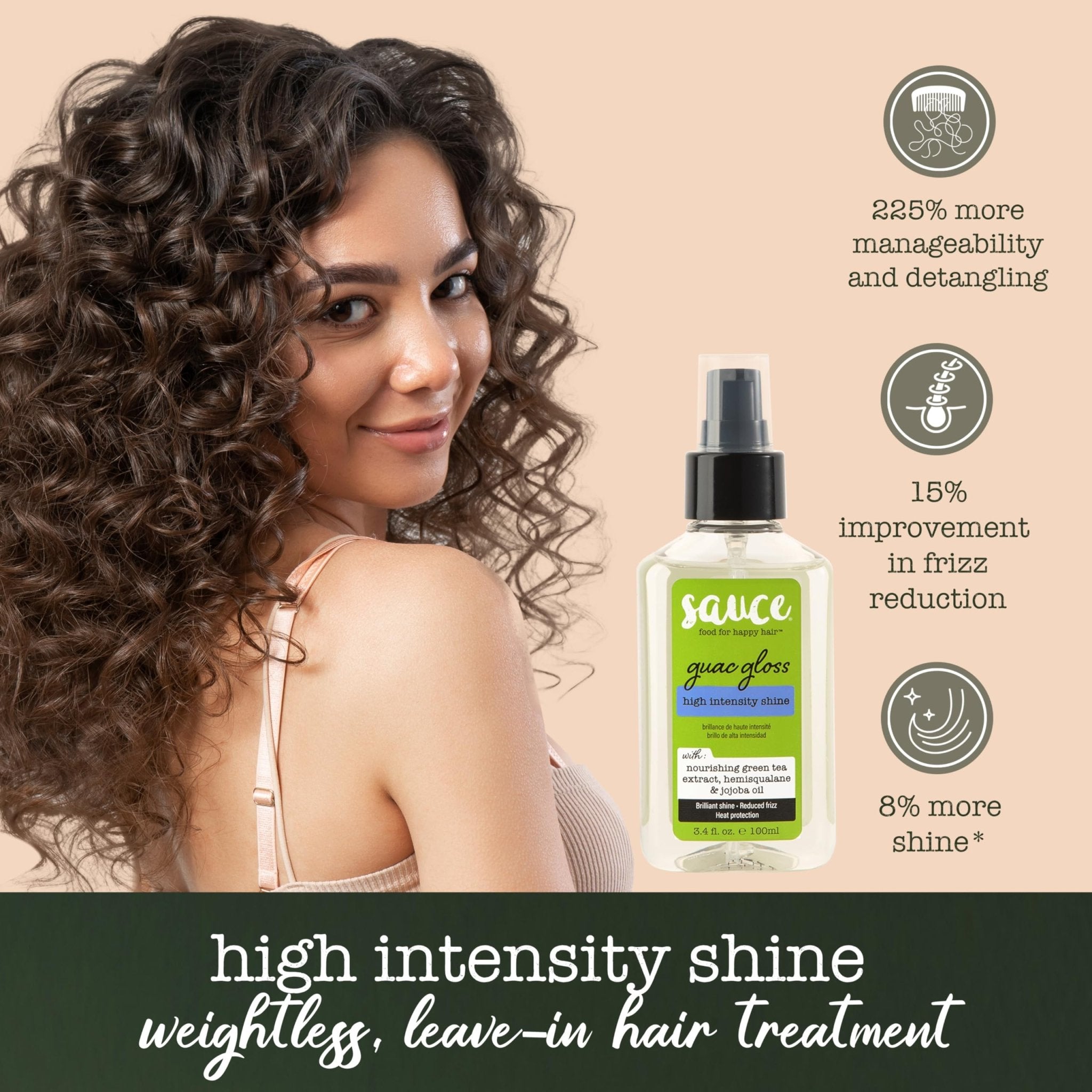 SAUCE BEAUTY Guac Hair Gloss, 3 Fl Oz High Intensity Shine, Jojoba Oil, Green Tea Extract & Squalane to Smooth, Boost Shine & Control Frizz for Sleeker, Softer, More Manageable Hair, Vegan Formula - TrustMedUSA