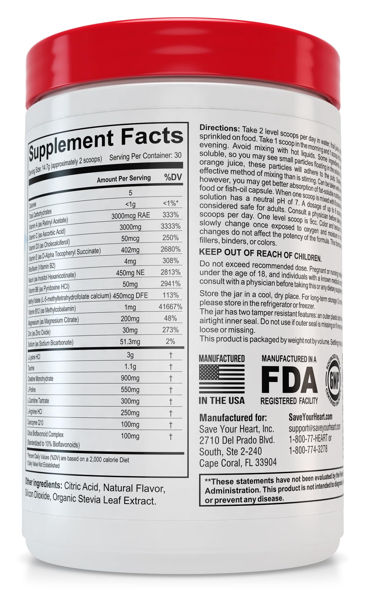 SAVE YOUR HEART Cardio Heart Health Powder Supplement - The Pauling Therapy Essentials Formula (PTEF) Healthy Vitamin C, B-12, L-Lysine, L-Arginine, Magnesium, Zinc + Vitamins, Minerals & Antioxidants - TrustMedUSA