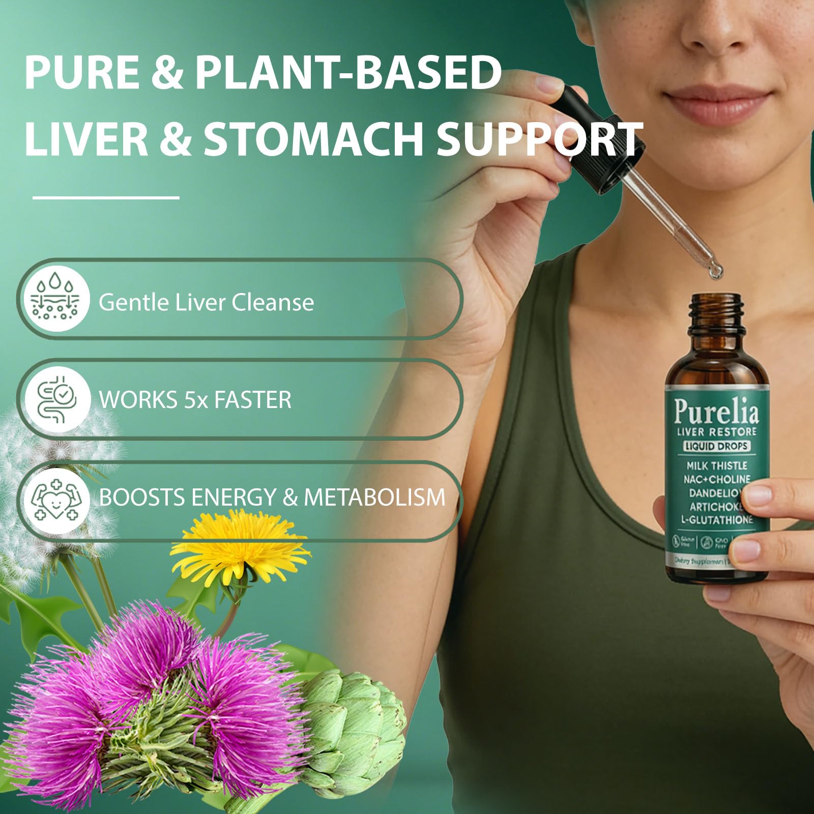 SCEZROB Purelia Liver Restore Drops – Complete Liver Detox Support Supplement with Milk Thistle, Dandelion & L-Glutathione for Liver Cleanse & Digestion Aid Health, 2 Fl Oz (1) - Maple Wellness Supplements
