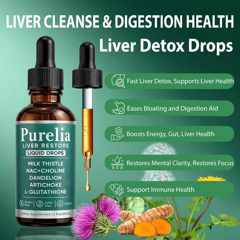 SCEZROB Purelia Liver Restore Drops – Complete Liver Detox Support Supplement with Milk Thistle, Dandelion & L-Glutathione for Liver Cleanse & Digestion Aid Health, 2 Fl Oz (1) - Maple Wellness Supplements
