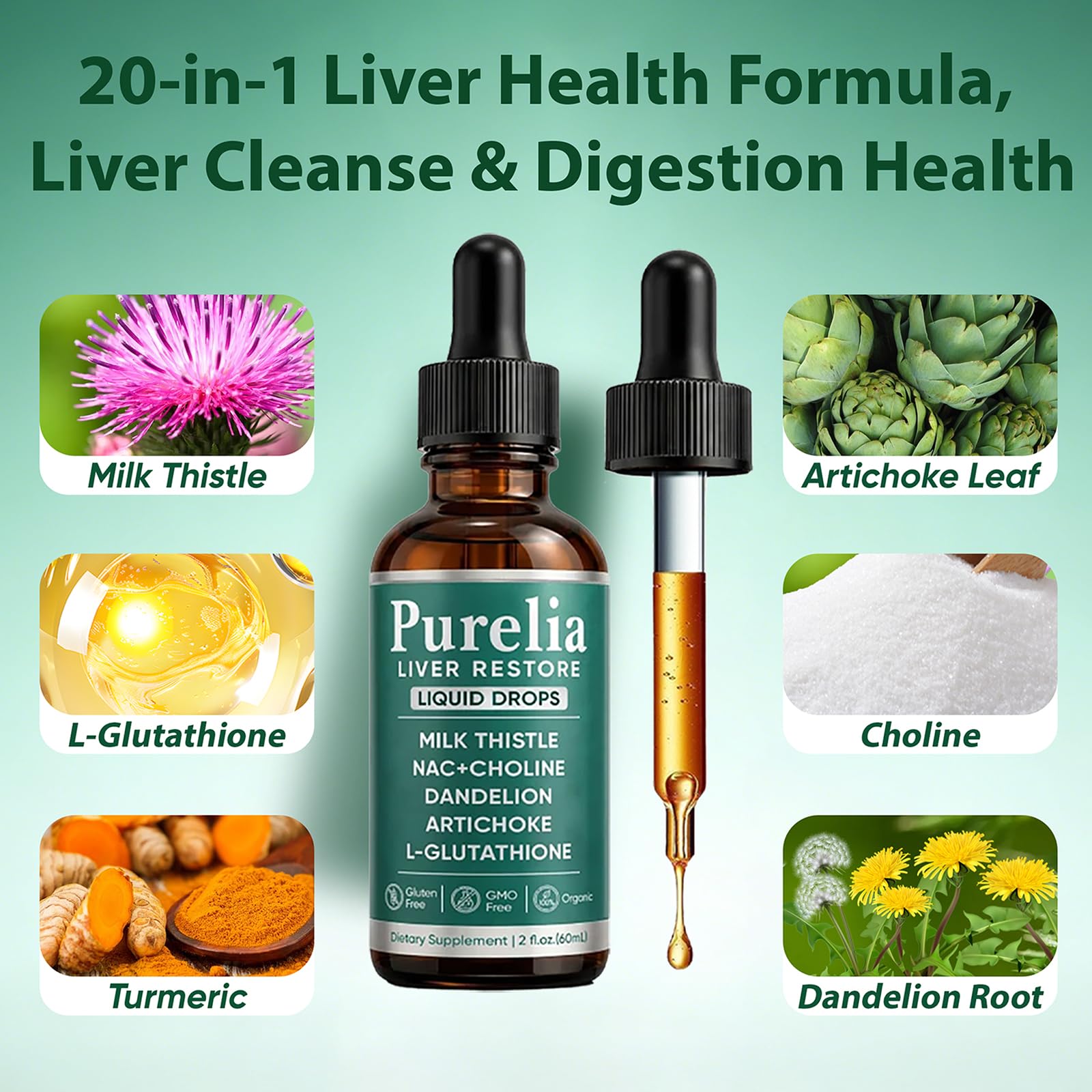 SCEZROB Purelia Liver Restore Drops – Complete Liver Detox Support Supplement with Milk Thistle, Dandelion & L-Glutathione for Liver Cleanse & Digestion Aid Health, 2 Fl Oz (1) - Maple Wellness Supplements
