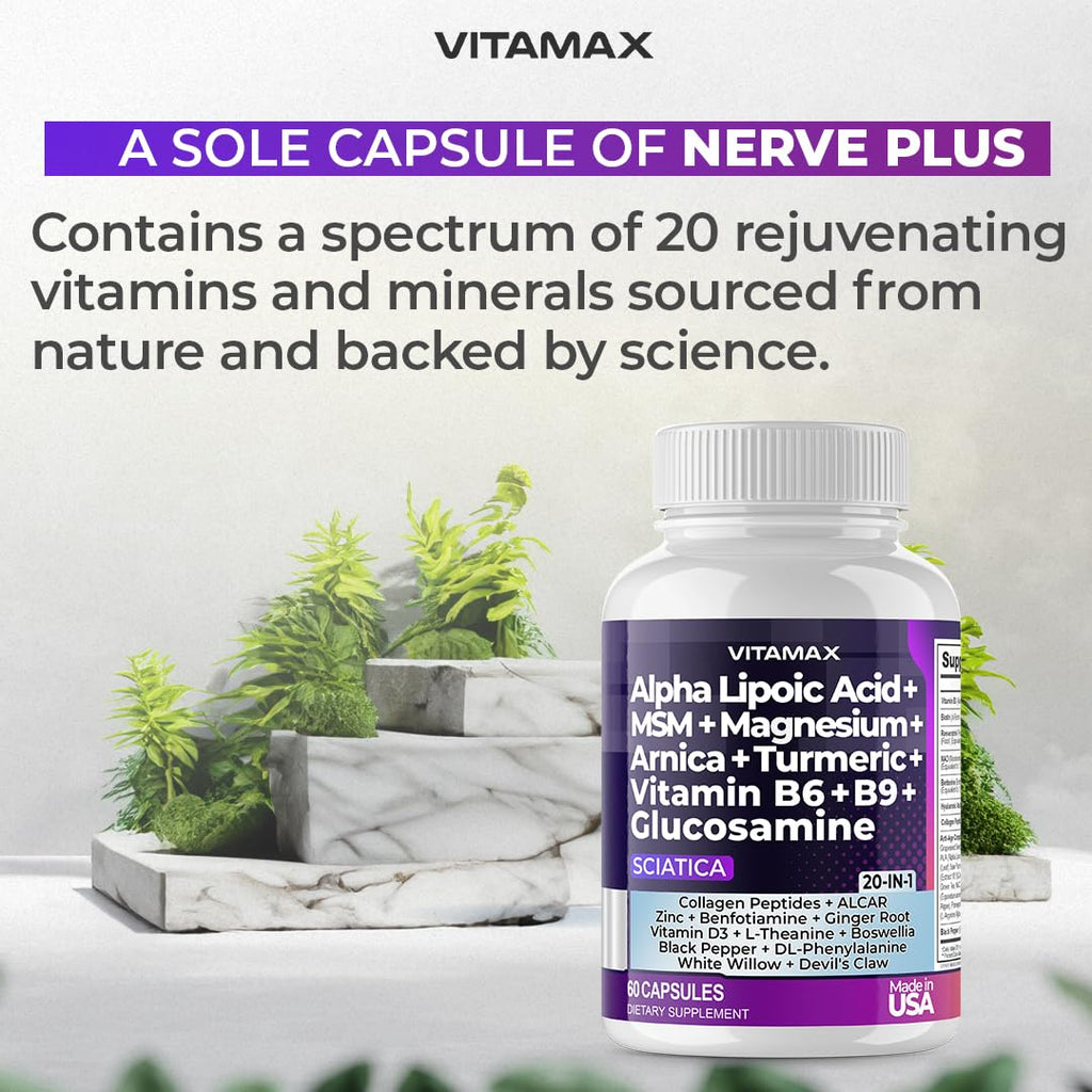 Sciatic Nerve Health Support - Sciatic Nerve Supplement Capsules with Folic Acid, Pea, Glucosamine, MSM, Vitamin B Complex, Alpha Lipoic Acid 300mg – 60ct – Made in USA - TrustMedUSA