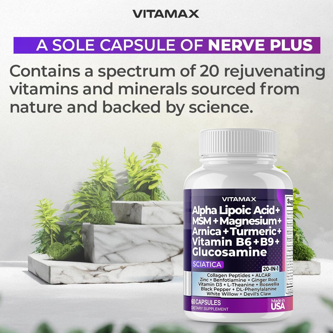 Sciatic Nerve Health Support - Sciatic Nerve Supplement Capsules with Folic Acid, Pea, Glucosamine, MSM, Vitamin B Complex, Alpha Lipoic Acid 300mg – 60ct – Made in USA - TrustMedUSA
