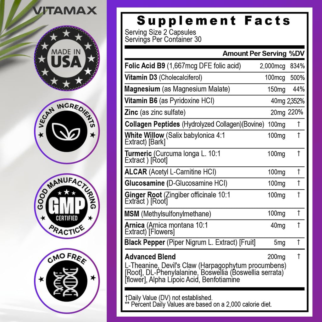 Sciatic Nerve Health Support - Sciatic Nerve Supplement Capsules with Folic Acid, Pea, Glucosamine, MSM, Vitamin B Complex, Alpha Lipoic Acid 300mg – 60ct – Made in USA - TrustMedUSA