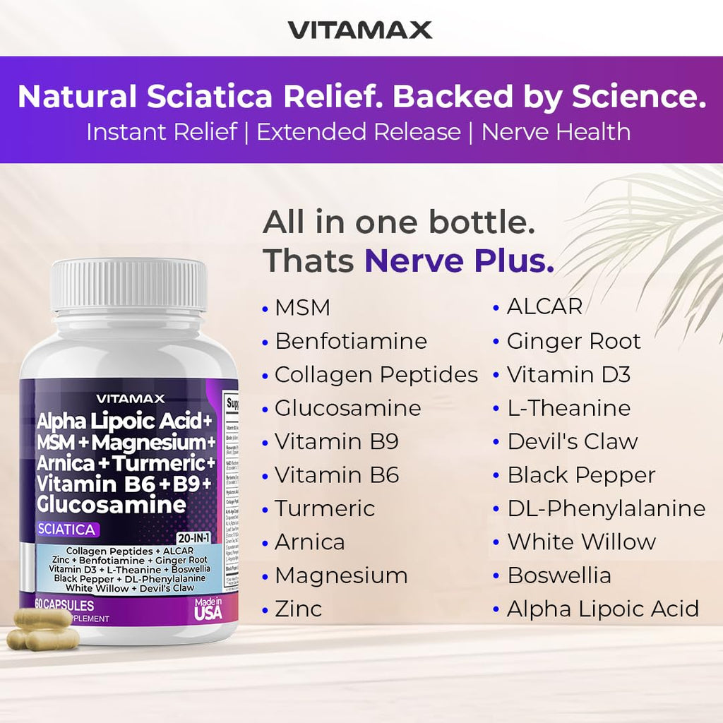 Sciatic Nerve Health Support - Sciatic Nerve Supplement Capsules with Folic Acid, Pea, Glucosamine, MSM, Vitamin B Complex, Alpha Lipoic Acid 300mg – 60ct – Made in USA - TrustMedUSA