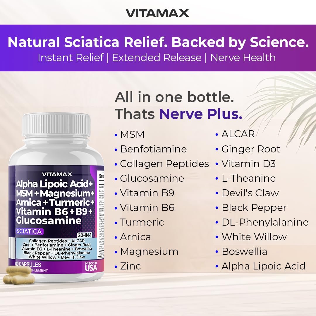Sciatic Nerve Health Support - Sciatic Nerve Supplement Capsules with Folic Acid, Pea, Glucosamine, MSM, Vitamin B Complex, Alpha Lipoic Acid 300mg – 60ct – Made in USA - TrustMedUSA