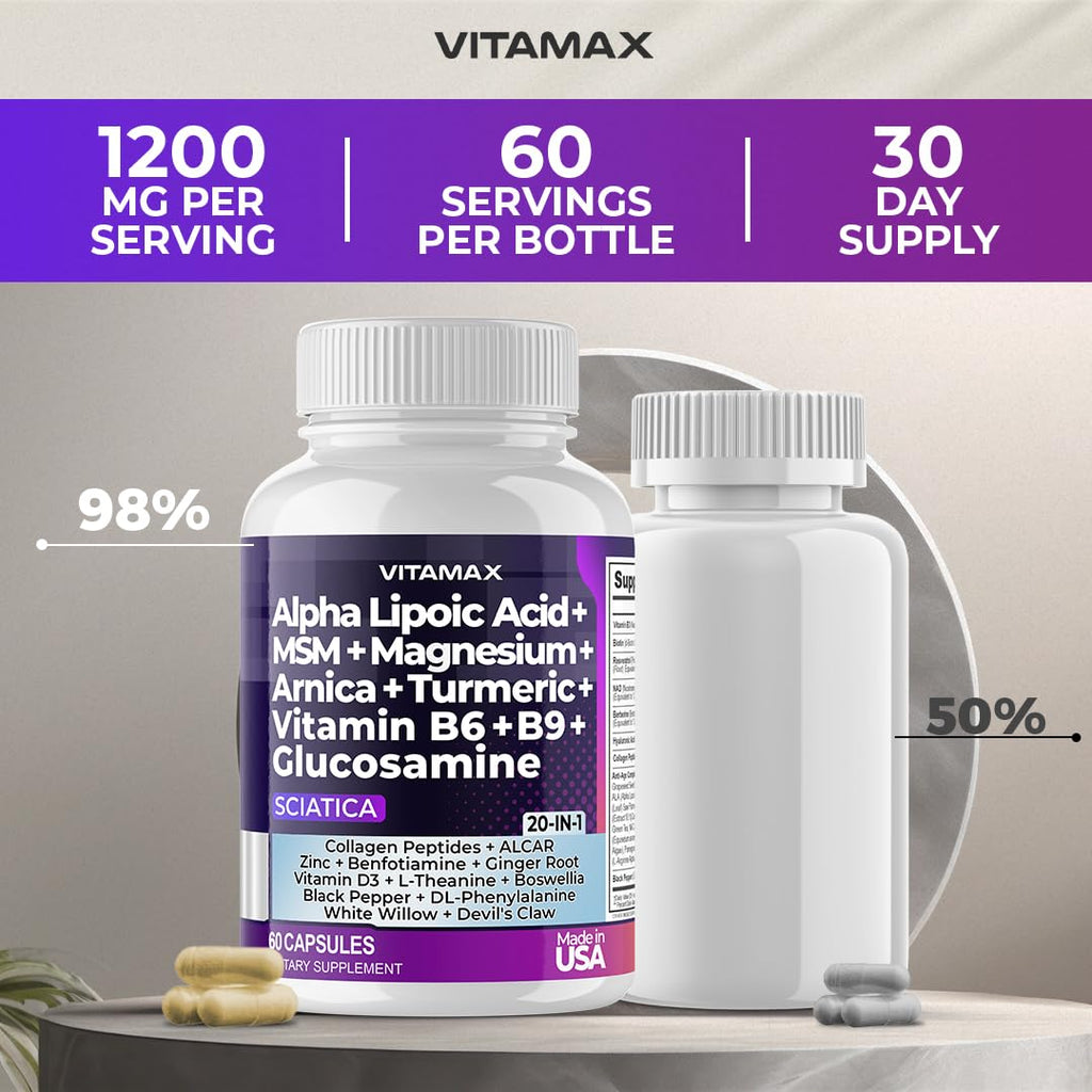 Sciatic Nerve Health Support - Sciatic Nerve Supplement Capsules with Folic Acid, Pea, Glucosamine, MSM, Vitamin B Complex, Alpha Lipoic Acid 300mg – 60ct – Made in USA - TrustMedUSA