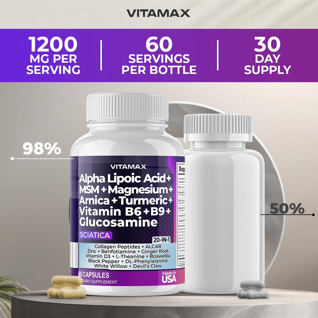 Sciatic Nerve Health Support - Sciatic Nerve Supplement Capsules with Folic Acid, Pea, Glucosamine, MSM, Vitamin B Complex, Alpha Lipoic Acid 300mg – 60ct – Made in USA - TrustMedUSA