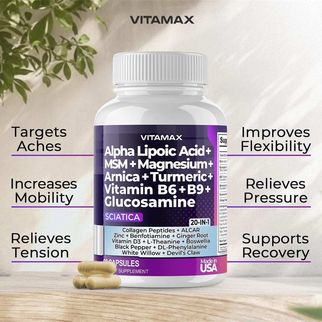 Sciatic Nerve Health Support - Sciatic Nerve Supplement Capsules with Folic Acid, Pea, Glucosamine, MSM, Vitamin B Complex, Alpha Lipoic Acid 300mg – 60ct – Made in USA - TrustMedUSA