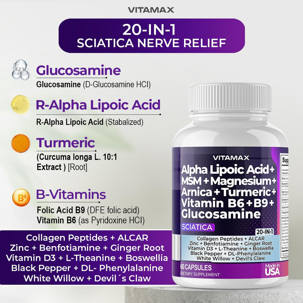 Sciatic Nerve Health Support - Sciatic Nerve Supplement Capsules with Folic Acid, Pea, Glucosamine, MSM, Vitamin B Complex, Alpha Lipoic Acid 300mg – 60ct – Made in USA - TrustMedUSA
