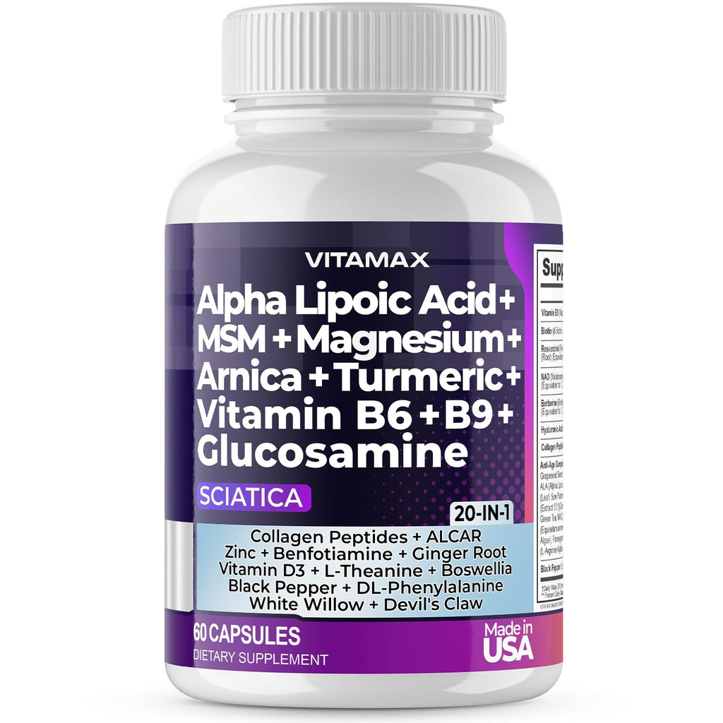 Sciatic Nerve Health Support - Sciatic Nerve Supplement Capsules with Folic Acid, Pea, Glucosamine, MSM, Vitamin B Complex, Alpha Lipoic Acid 300mg – 60ct – Made in USA - TrustMedUSA