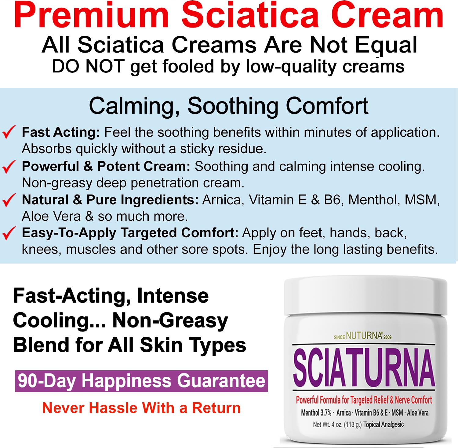 Sciatica Nerve Cream - Maximum Strength Comfort Cream for Feet, Hands, Legs, Toes, Back - Natural Ultra Strength Arnica, MSM, Menthol, Soothing Comfort, Large 4 Oz - TrustMedUSA