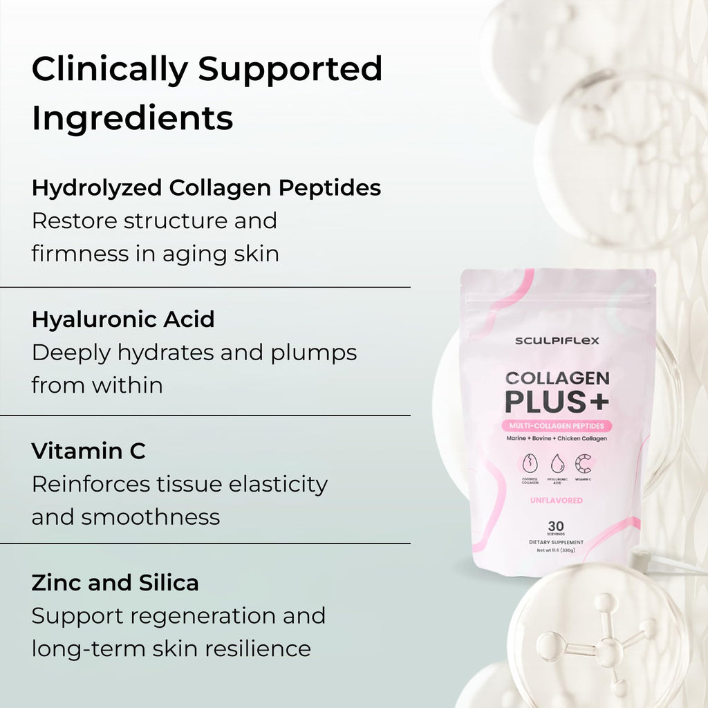 Sculpiflex Hydrolyzed Collagen Peptides Powder, Marine, Bovine, and Chicken Unflavored Multi Collagen Complex for Women, Firms Skin and Boosts Elasticity, Hydrating with Hyaluronic Acid (30 Servings) - Maple Wellness Supplements