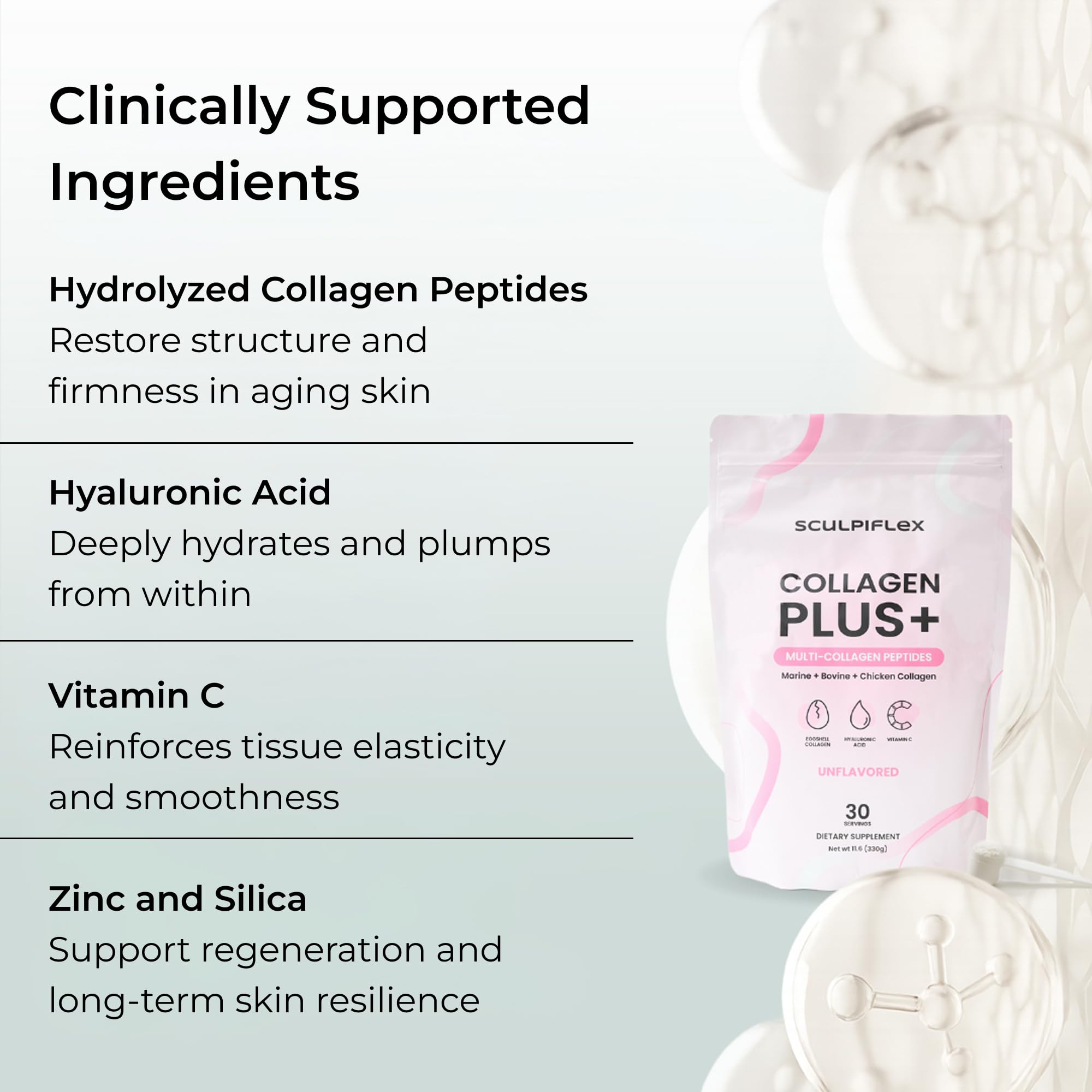Sculpiflex Hydrolyzed Collagen Peptides Powder, Marine, Bovine, and Chicken Unflavored Multi Collagen Complex for Women, Firms Skin and Boosts Elasticity, Hydrating with Hyaluronic Acid (30 Servings) - Maple Wellness Supplements