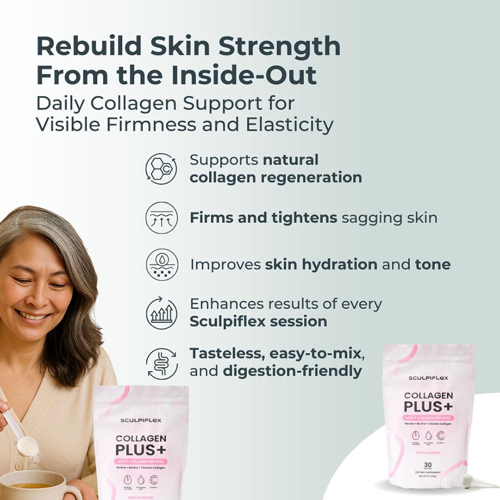 Sculpiflex Hydrolyzed Collagen Peptides Powder, Marine, Bovine, and Chicken Unflavored Multi Collagen Complex for Women, Firms Skin and Boosts Elasticity, Hydrating with Hyaluronic Acid (30 Servings) - Maple Wellness Supplements