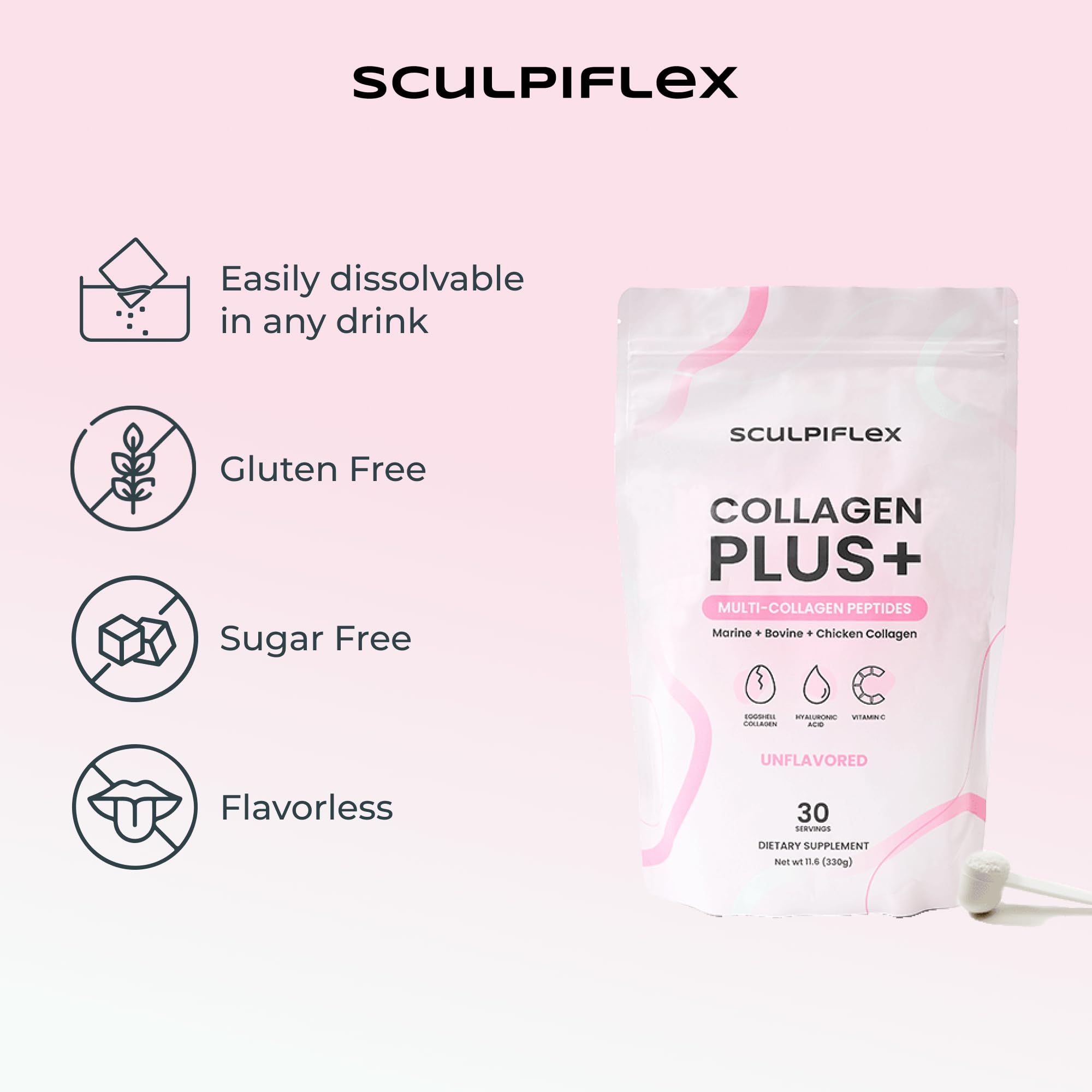 Sculpiflex Hydrolyzed Collagen Peptides Powder, Marine, Bovine, and Chicken Unflavored Multi Collagen Complex for Women, Firms Skin and Boosts Elasticity, Hydrating with Hyaluronic Acid (30 Servings) - Maple Wellness Supplements