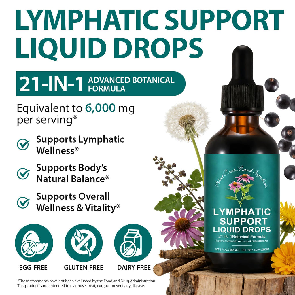 SDJUFEI 21-in-1 Lymphatic Drainage Drops， Lymphatic Support Liquid Drops with Turmeric, Echinacea, Elderberry & Dandelion, for Women & Men, 2 fl oz - Maple Wellness Supplements