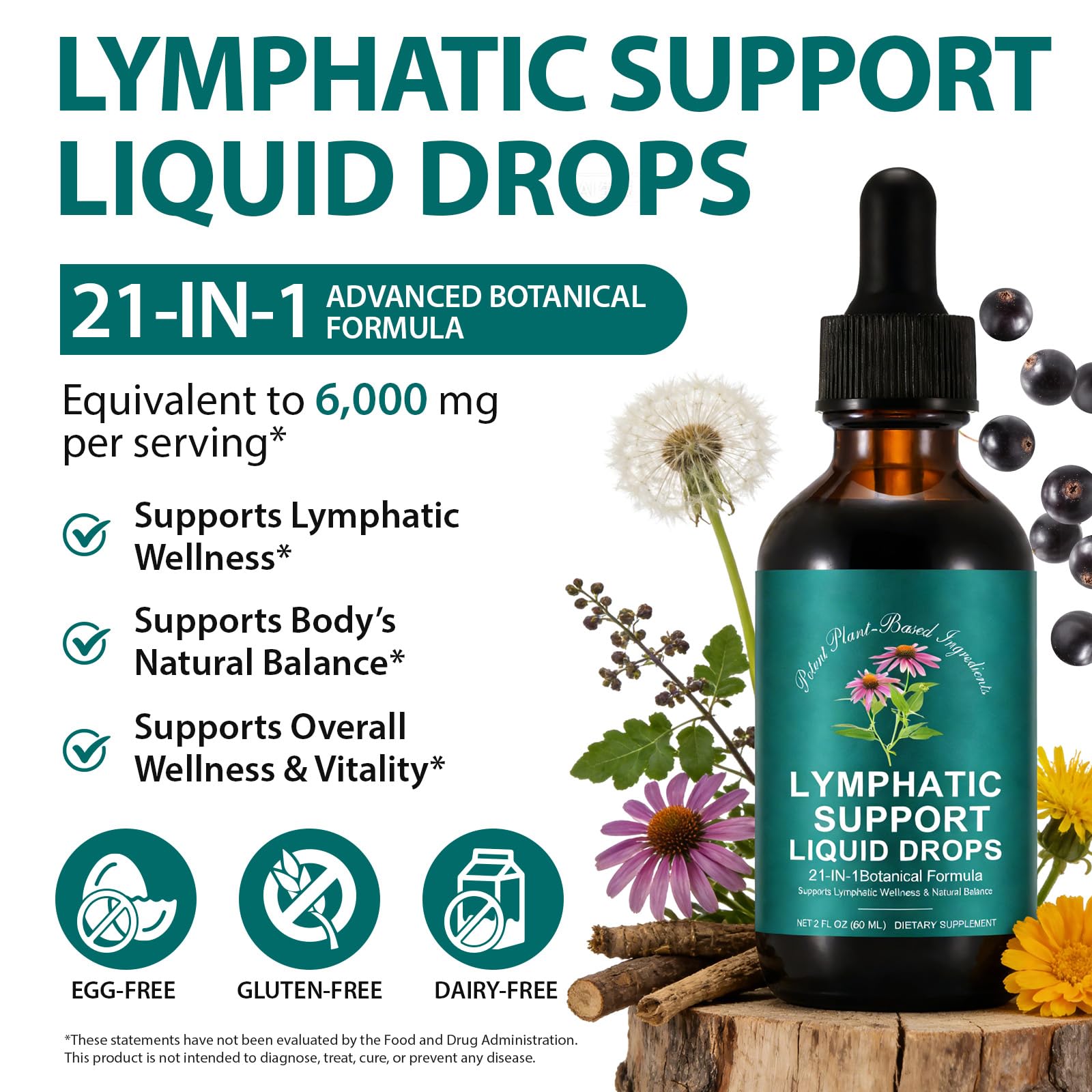 SDJUFEI 21-in-1 Lymphatic Drainage Drops， Lymphatic Support Liquid Drops with Turmeric, Echinacea, Elderberry & Dandelion, for Women & Men, 2 fl oz - Maple Wellness Supplements