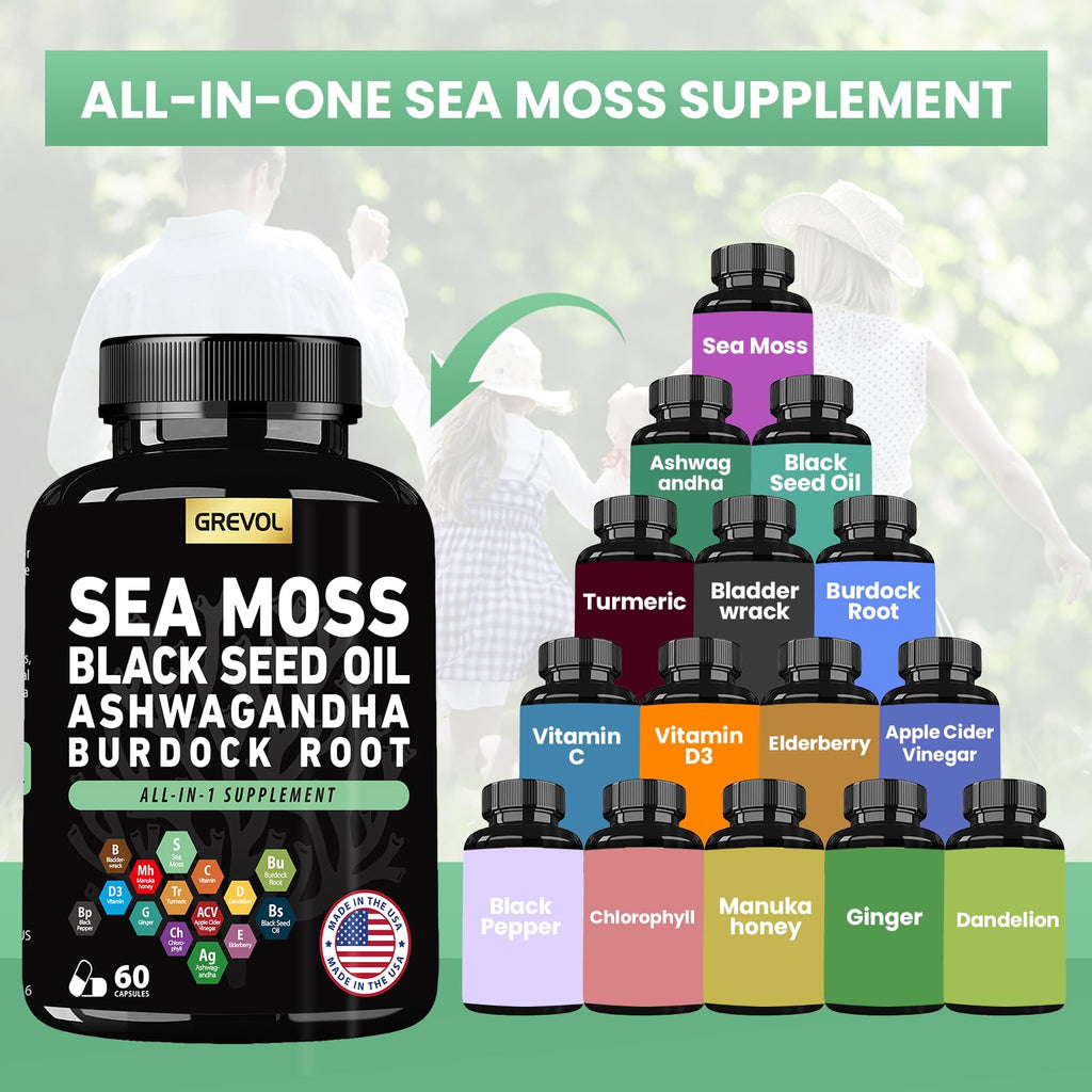 Sea Moss Black Seed Oil Ashwagandha Bladderwrack Burdock Root Turmeric & Vitamin C D3 Elderberry ACV Black Pepper - Multimineral Supplement - 60 Count - TrustMedUSA
