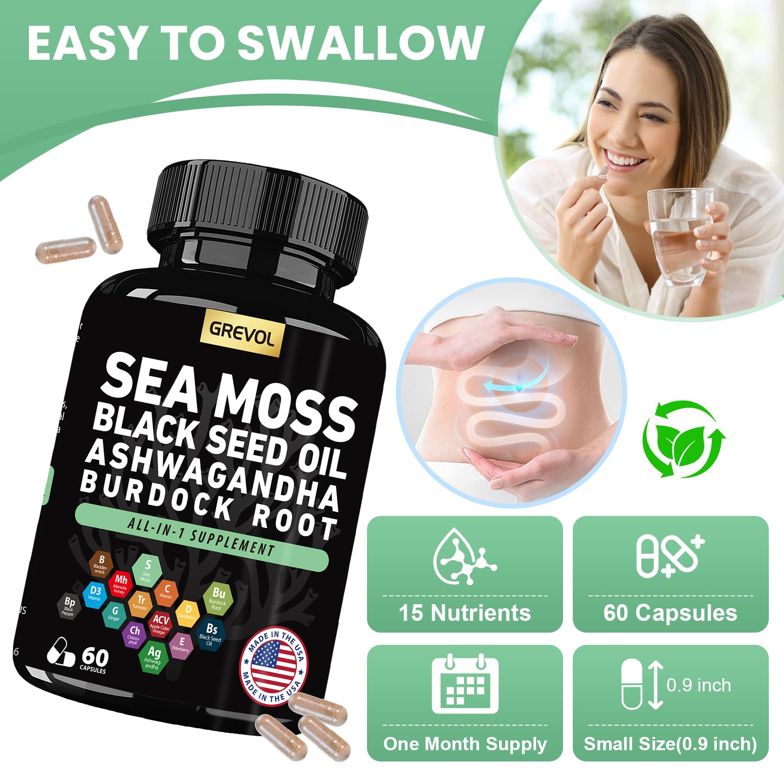 Sea Moss Black Seed Oil Ashwagandha Bladderwrack Burdock Root Turmeric & Vitamin C D3 Elderberry ACV Black Pepper - Multimineral Supplement - 60 Count - TrustMedUSA