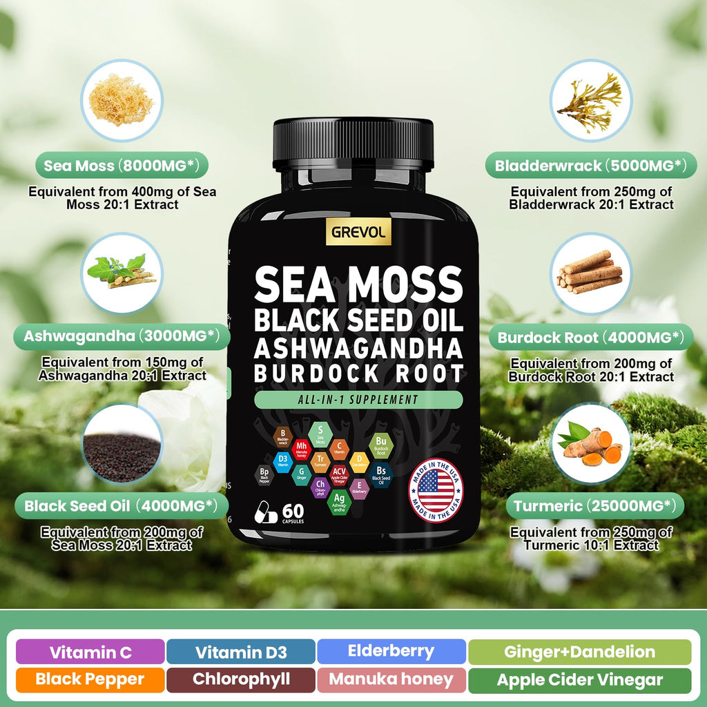 Sea Moss Black Seed Oil Ashwagandha Bladderwrack Burdock Root Turmeric & Vitamin C D3 Elderberry ACV Black Pepper - Multimineral Supplement - 60 Count - TrustMedUSA