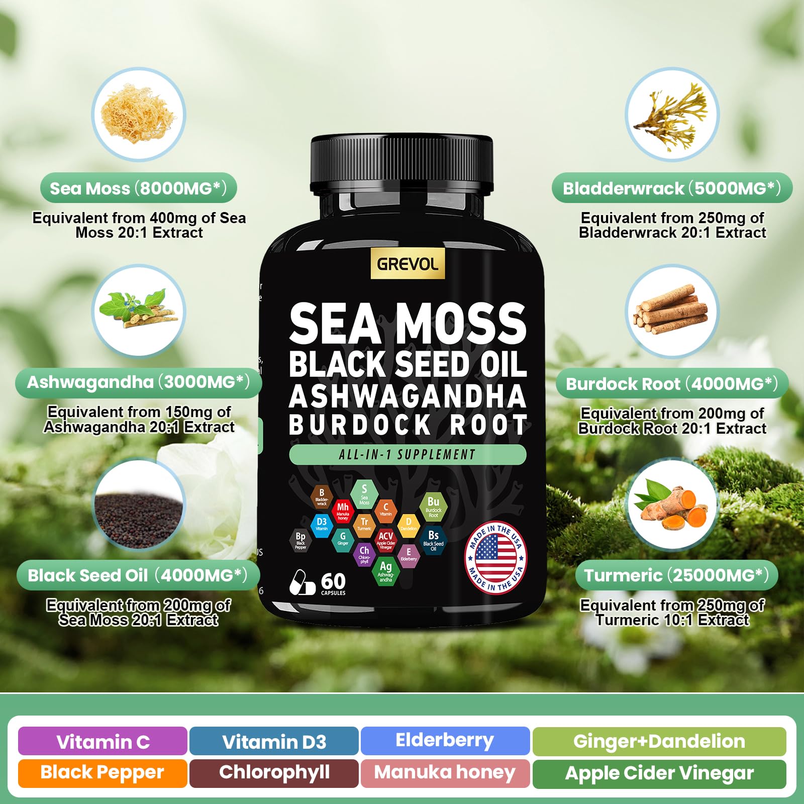Sea Moss Black Seed Oil Ashwagandha Bladderwrack Burdock Root Turmeric & Vitamin C D3 Elderberry ACV Black Pepper - Multimineral Supplement - 60 Count - TrustMedUSA